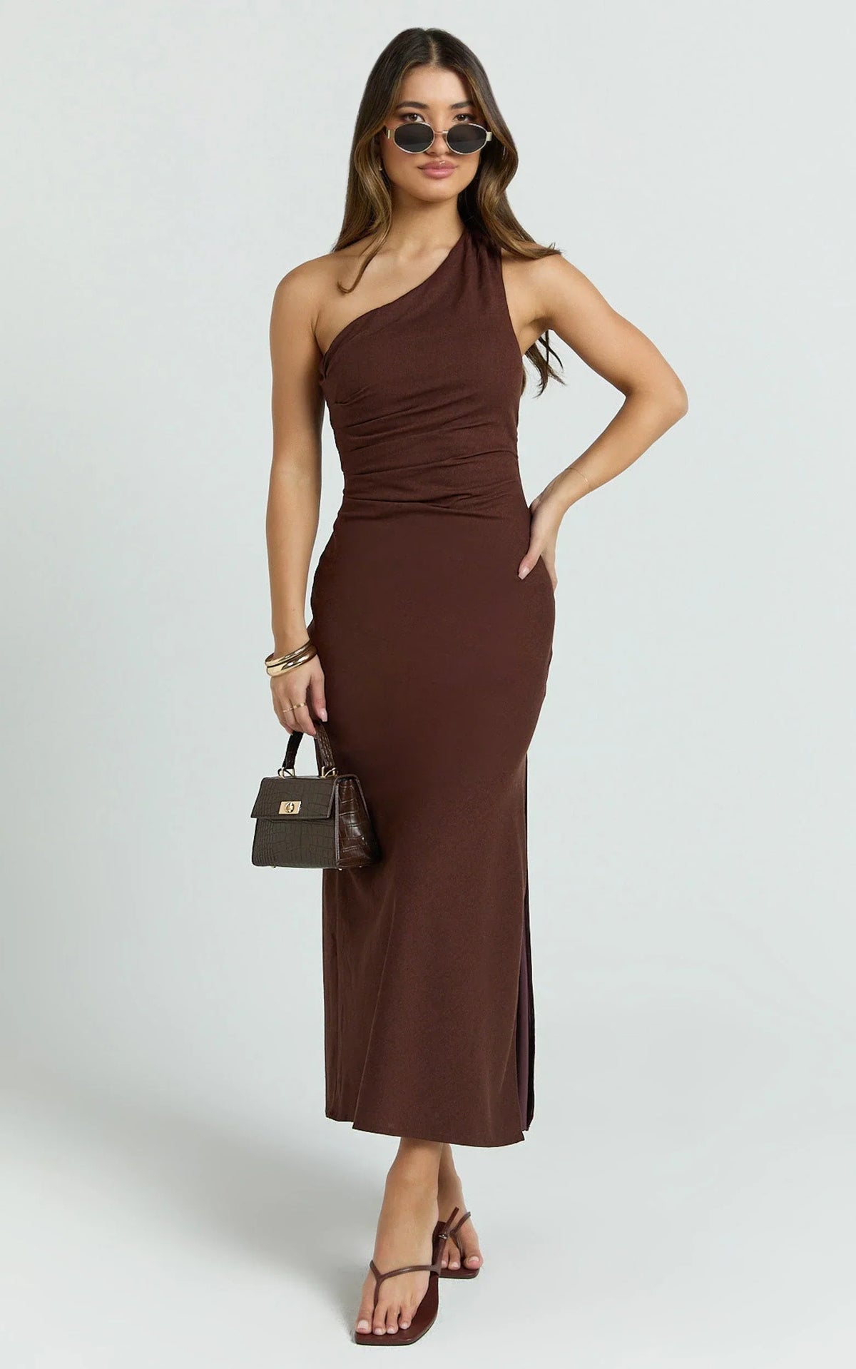 Cassia Midi Dress - One Shoulder A Line Dress in Chocolate