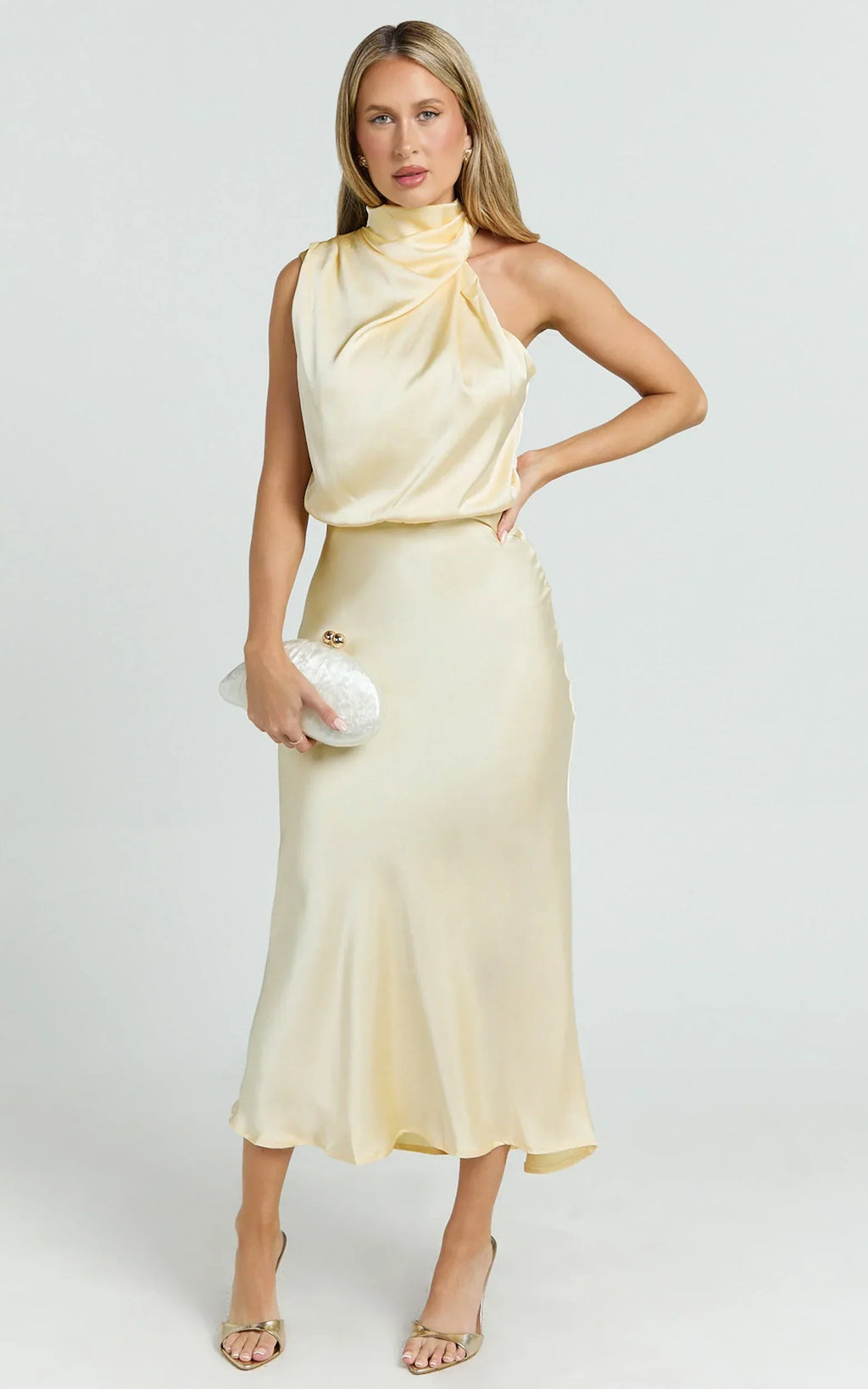 Minnie Midi Dress - Drape Neck Satin Slip Dress in Butter Yellow