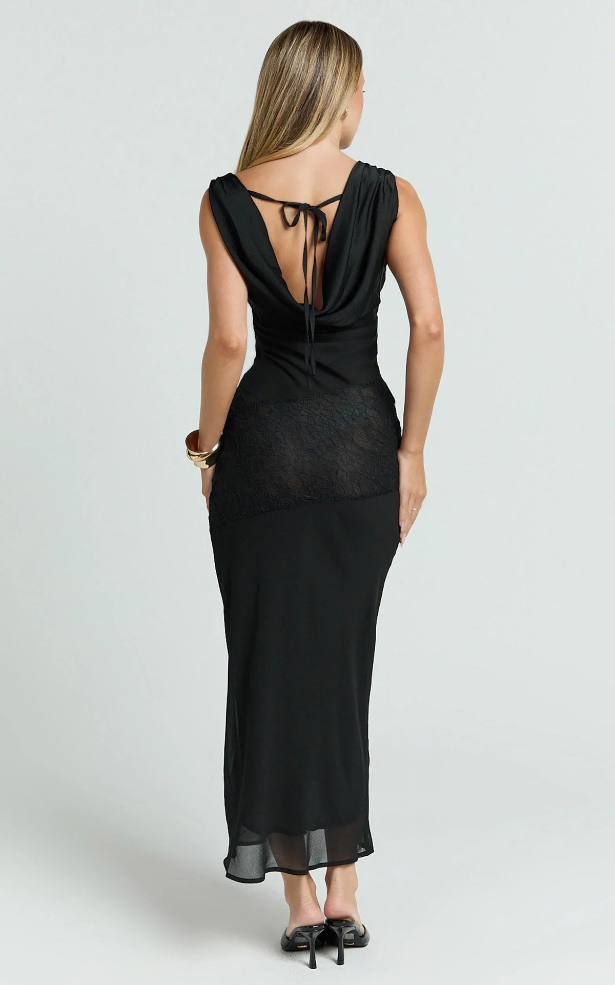 Nova Midi Dress - Lace Cowl Neck Tie Back Dress in Black
