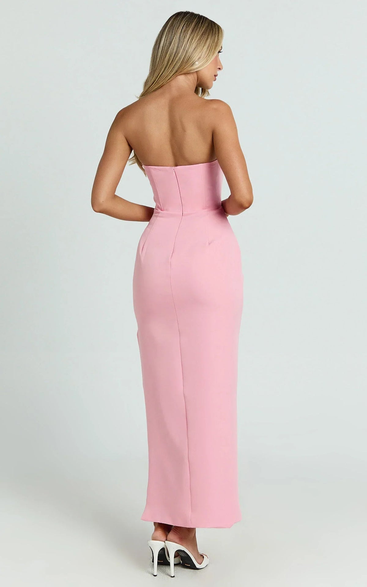 Avery Midi Dress - Strapless Draped Side Split Dress in Pink
