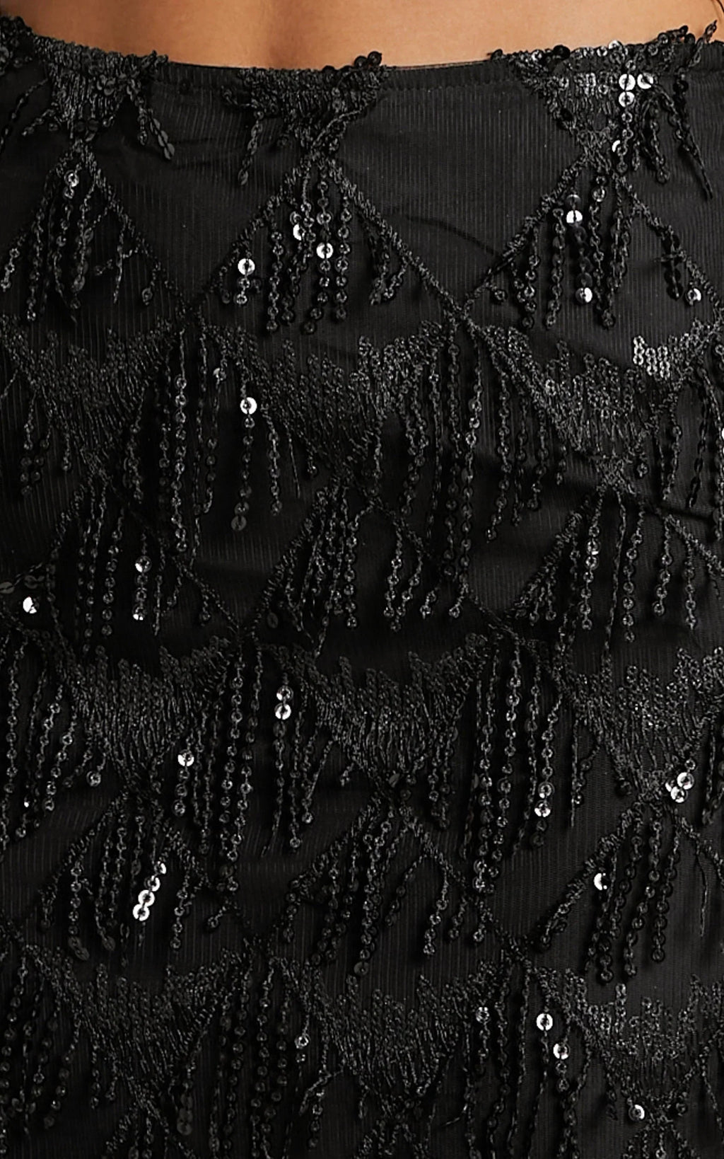 Khrizza Mini Skirt - Sequin Diamond Mesh Skirt in Black