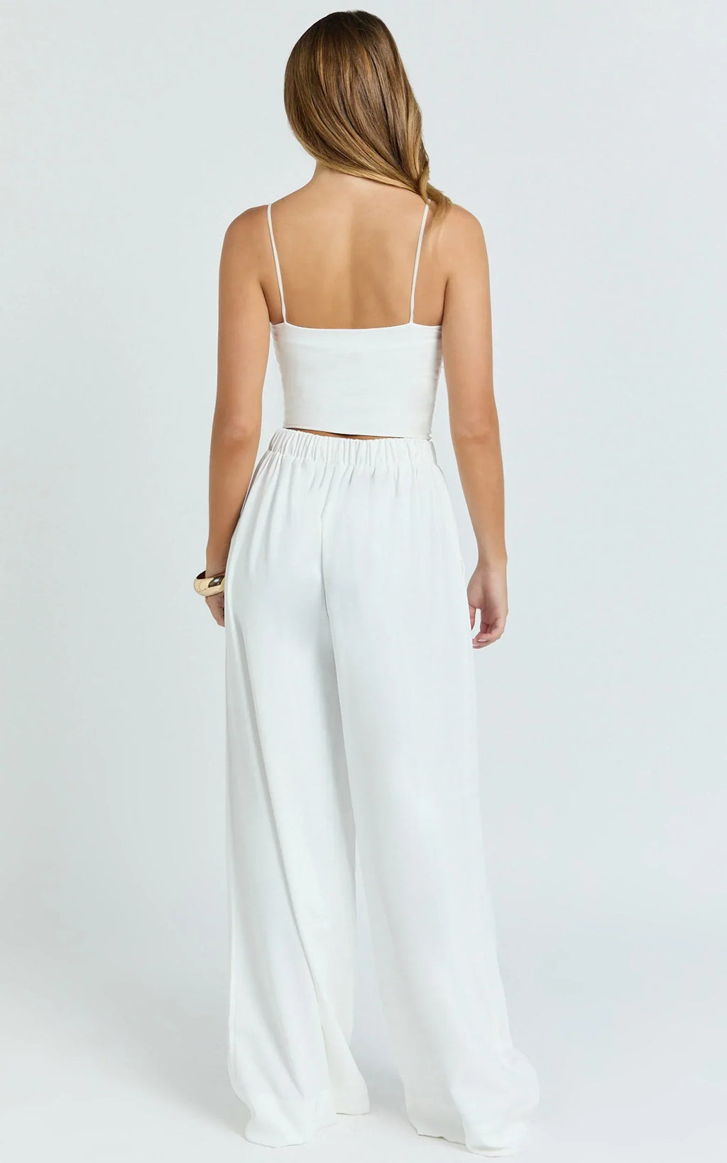 Nicole Pants - High Waist Elasticated Gathered Waist Wide Leg Pants in White