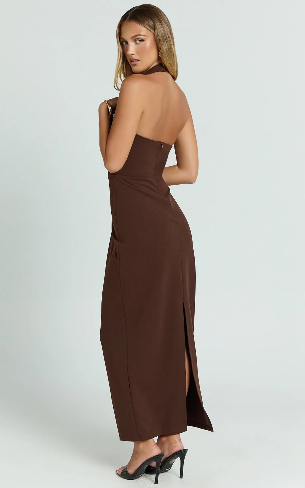 Salome Midi Dress - Halter Neck Column Dress in Chocolate