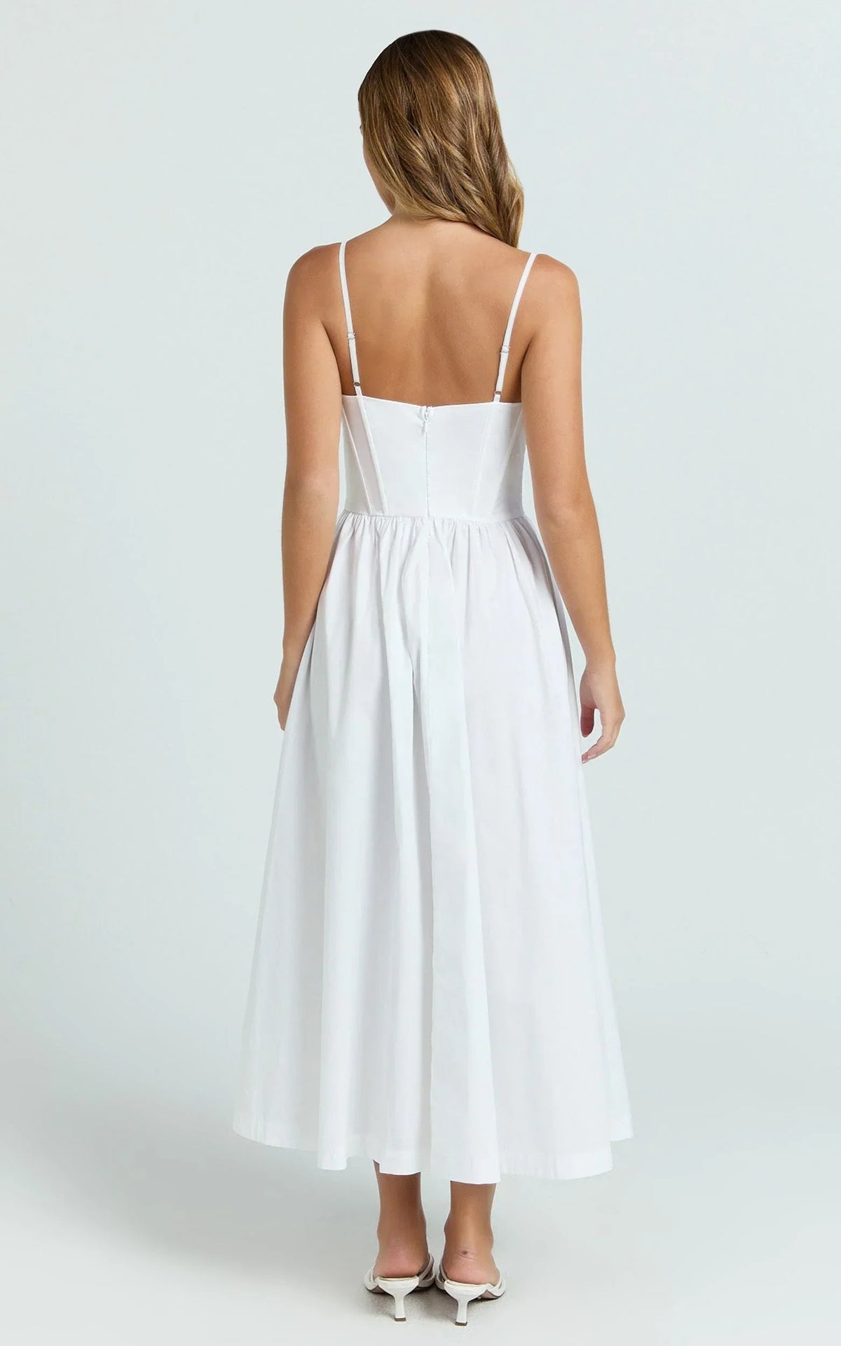 Braelyn Midi Dress - Scoop Neck Flare Dress in White