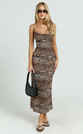 Latisha Midi Dress - Cowl Neck Strappy Back Bias Cut Viscose Jersey Dress in Animal