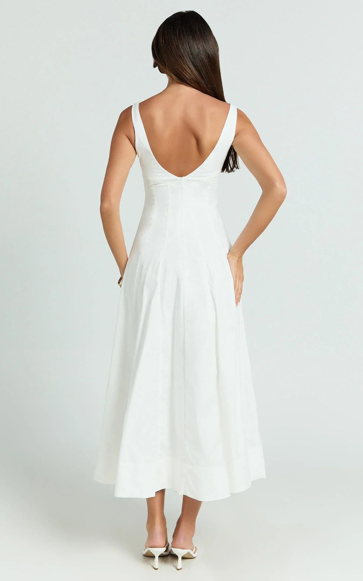 Kristi Midi Dress - Scoop Neck Fit And Flare Dress in Off White