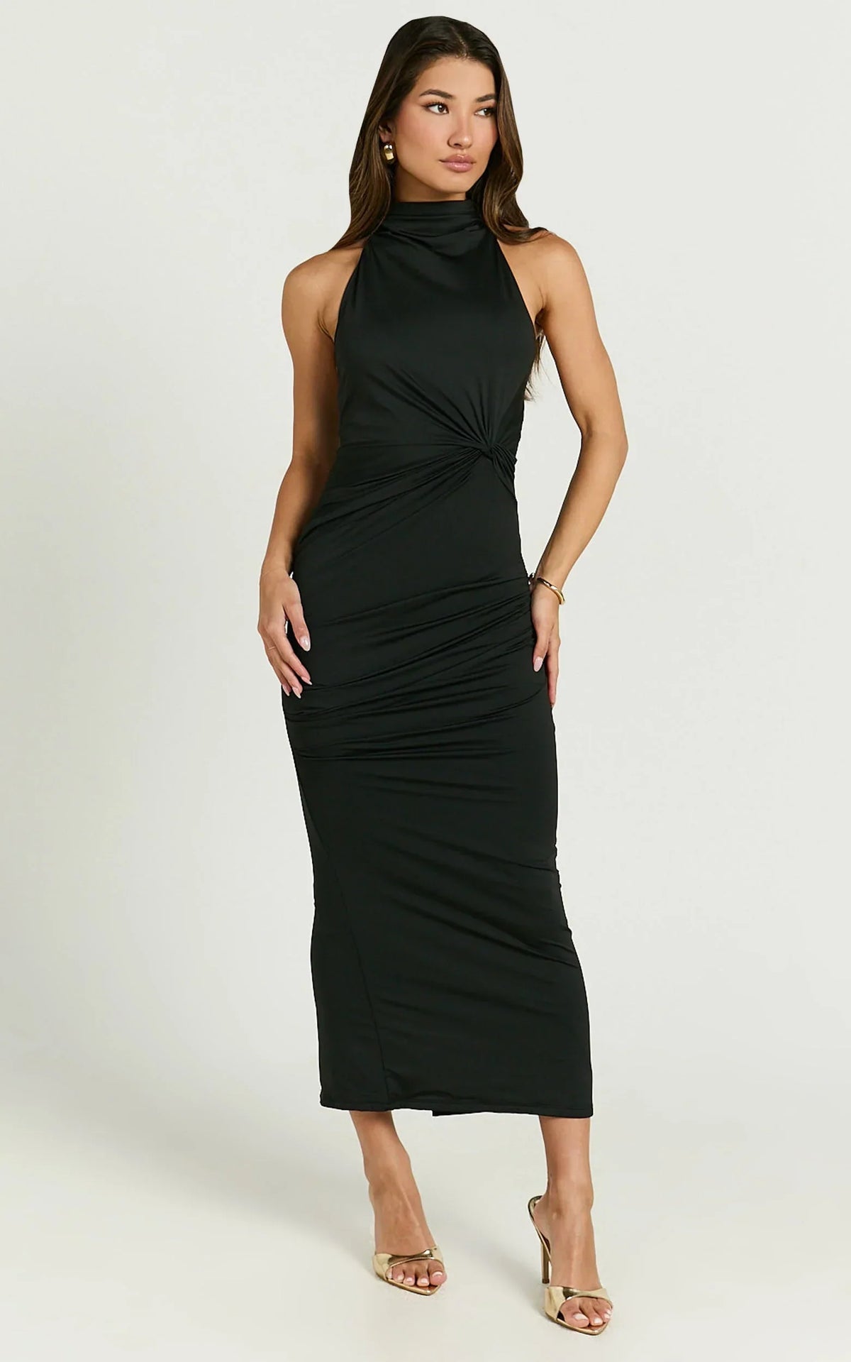 Olenna Midi Dress - Halter Neck Twist Detail Tie Back Dress in Black