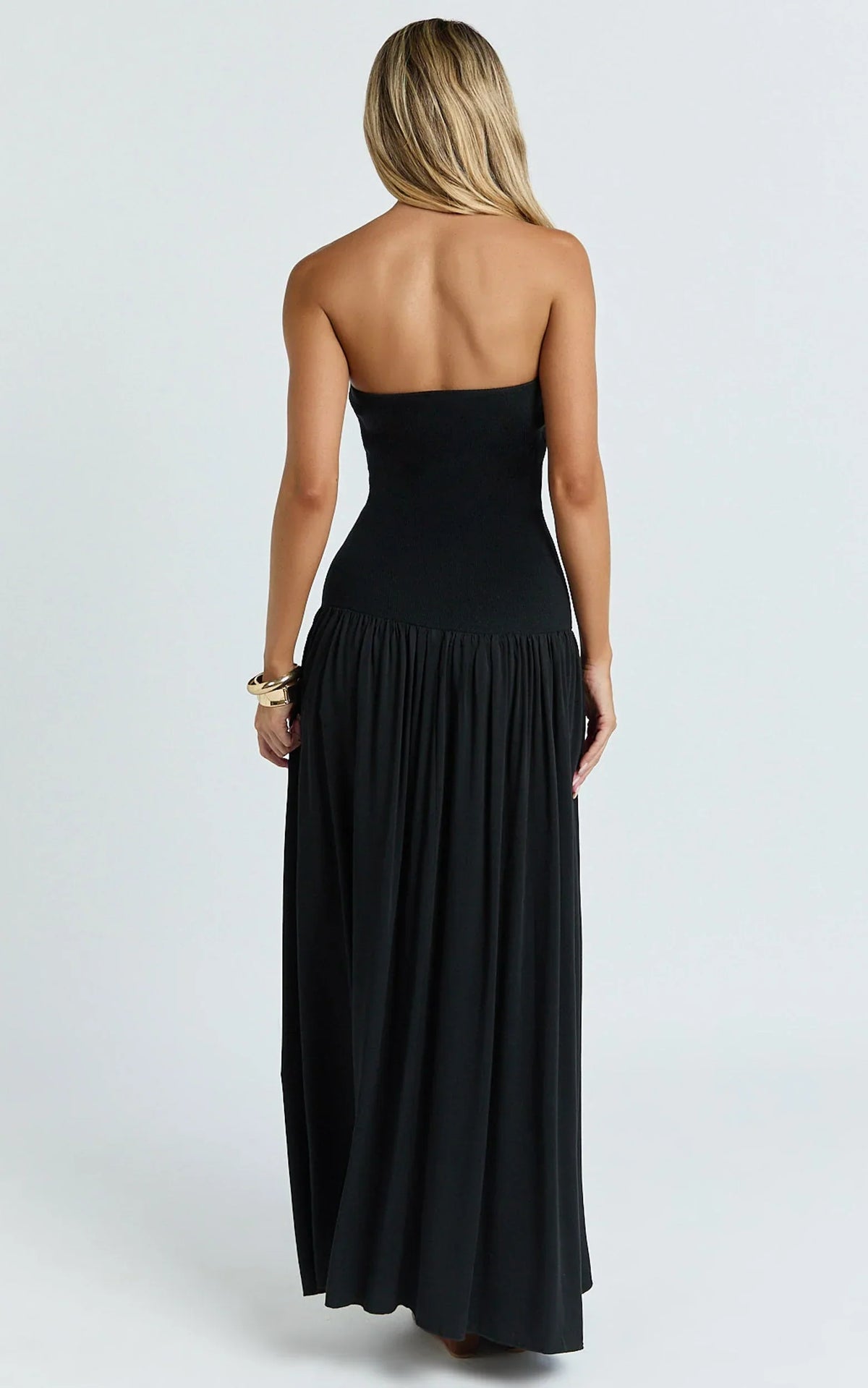 Harlee Maxi Dress - Strapless Drop Waist Knit Bodice Full Gathered Skirt Dress in Black