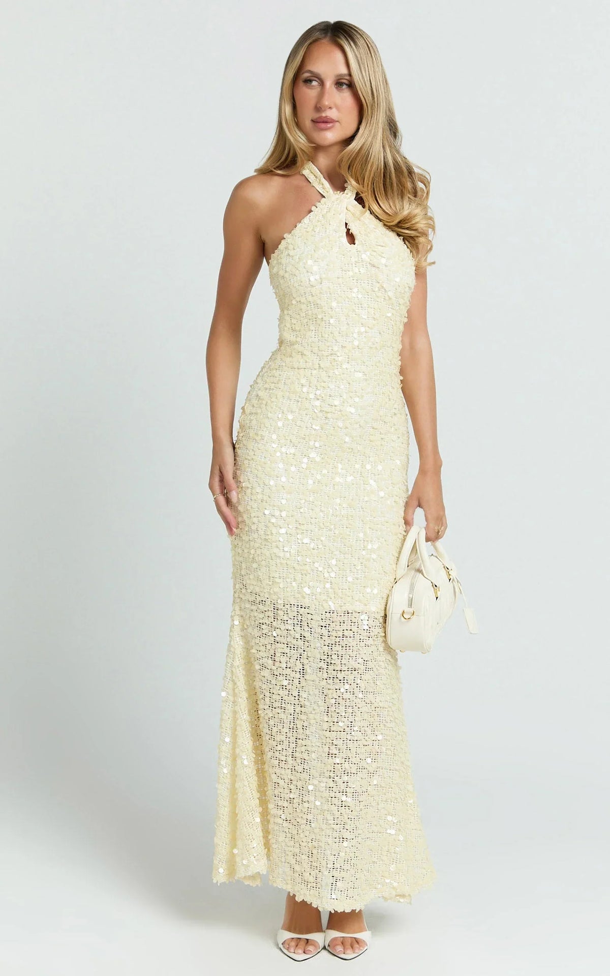 Celeste Maxi Dress - Sequin Halter Low Back Dress in Lemon