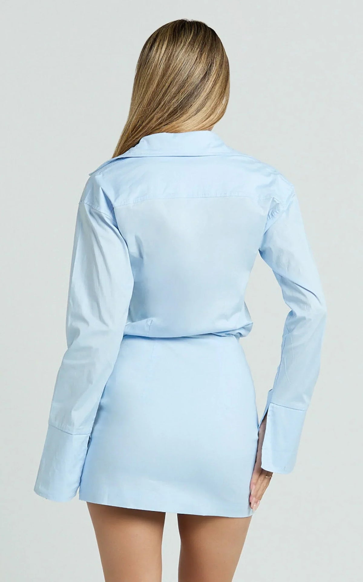 Gretel Mini Dress - Collared Button Front Relaxed Shirt Fitted Skirt Dress in Pale Blue