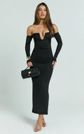 Isabelle Maxi Dress - Ruche Front Deep U Off Shoulder Fitted Dress in Black