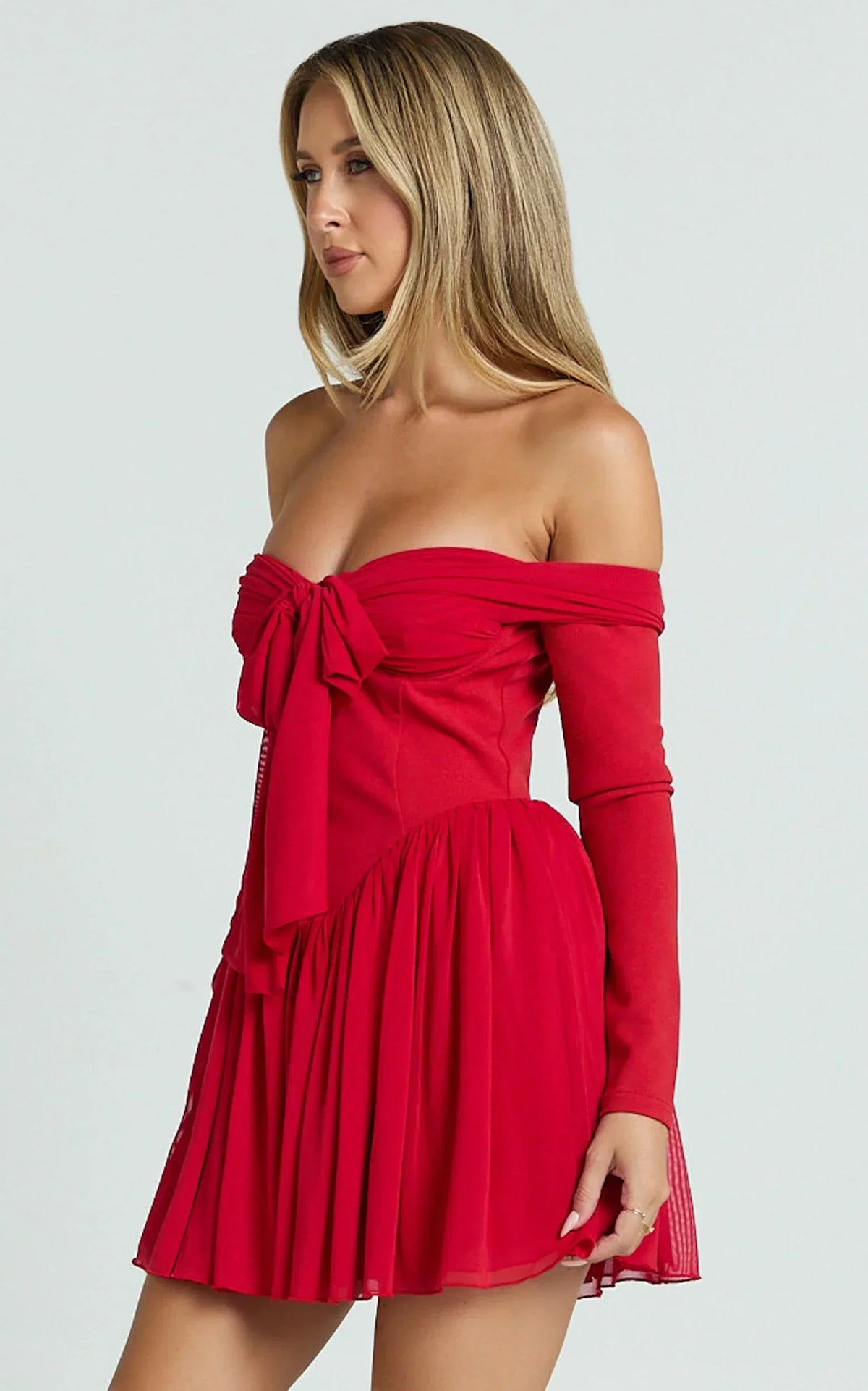 Bennett Mini Dress - Off Shoulder Long Sleeve V Waist Dress in Red
