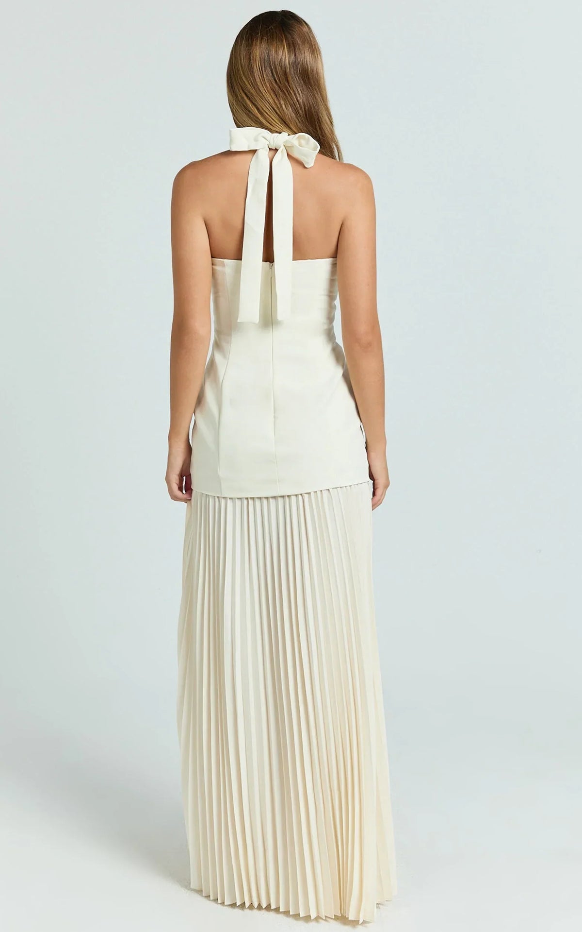 Loretta Maxi Dress - Contrast Halter Neck Pleated Dress in Pastel Yellow
