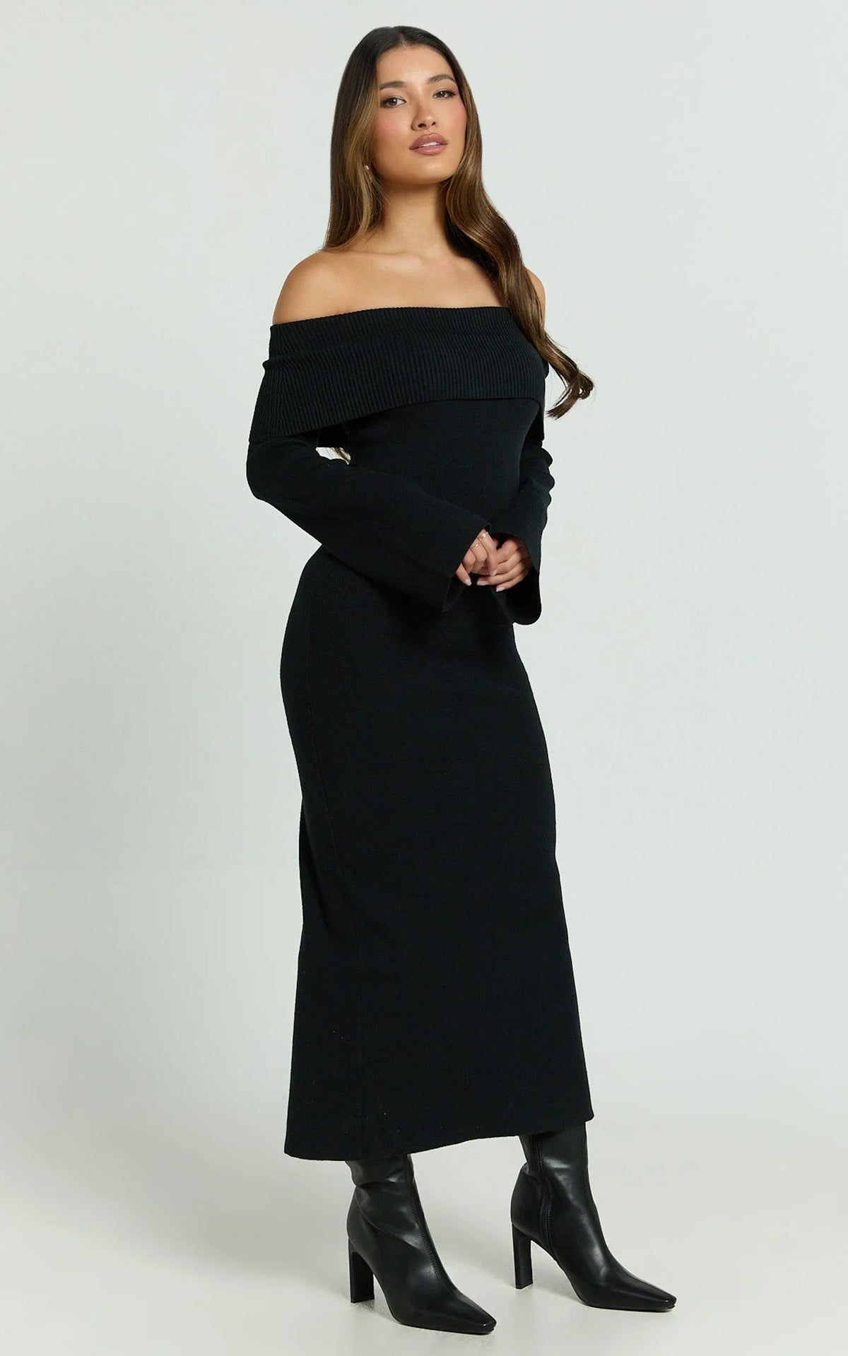 Maisie Midi Dress - Off Shoulder Long Sleeve Fitted Column Knit Dress in Black