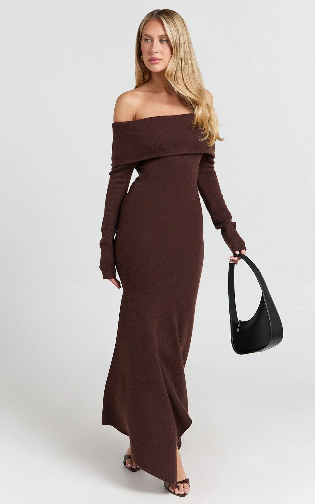 Karina Midi Dress - Long Sleeve Folded Off Shoulder Asymmetric Dress in Chocolate