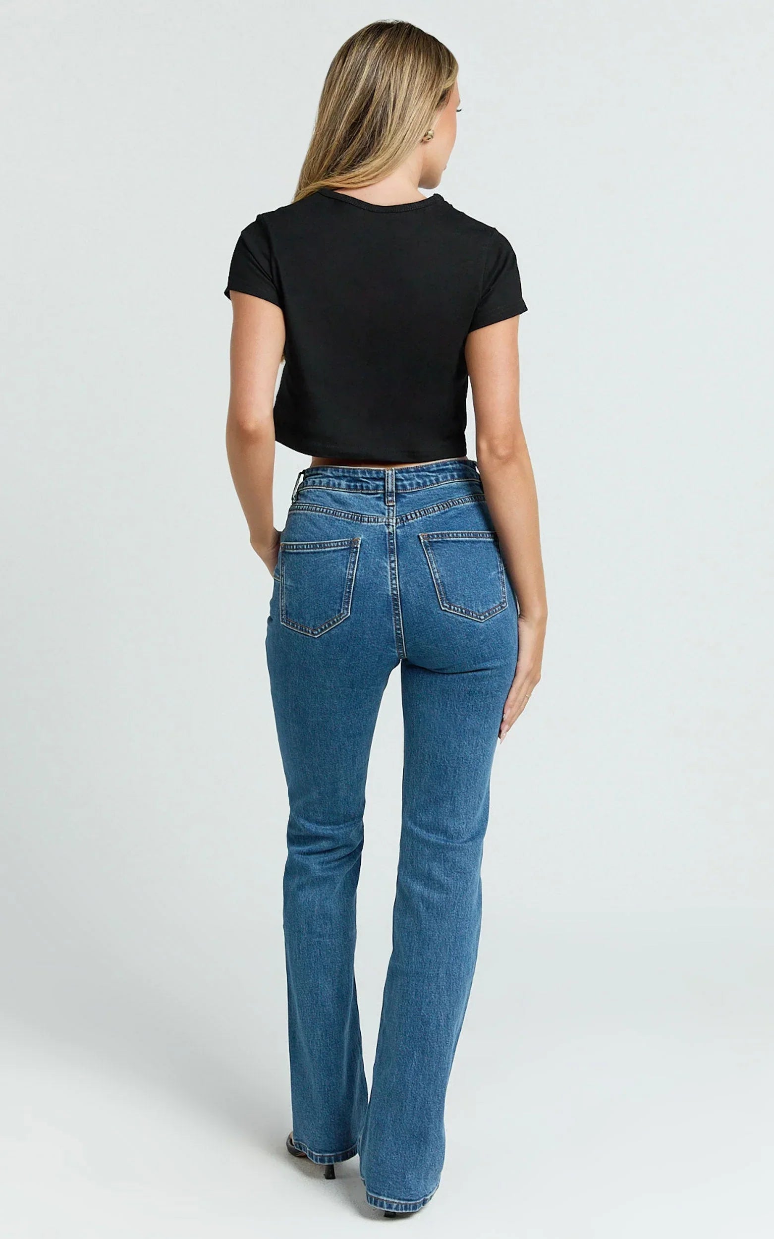 Inez Jeans - Mid Rise Slim Straight Bootcut Jeans in Dark Blue Wash