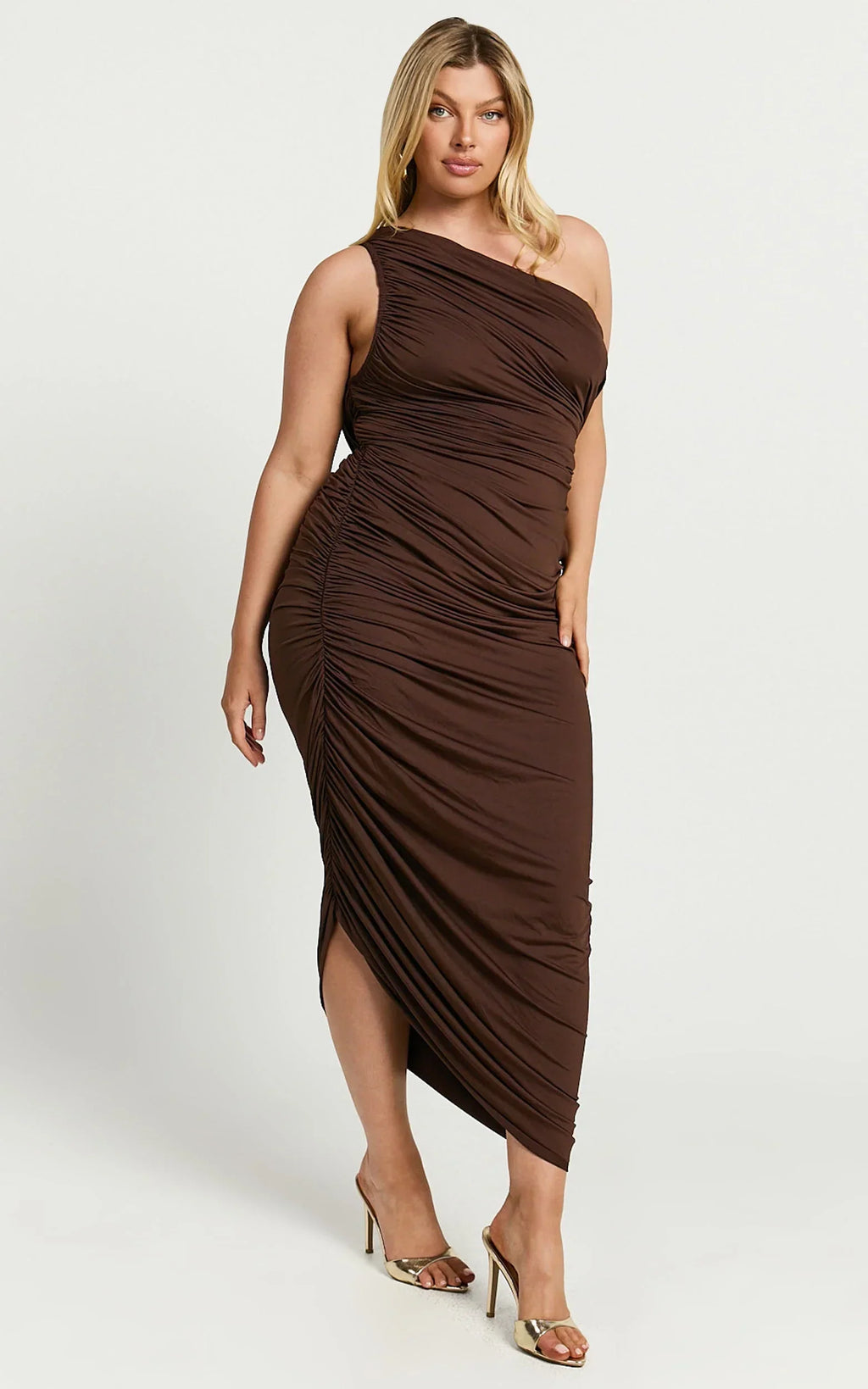 Lovlin Midi Dress - One Shoulder Ruched Dress in Chocolate