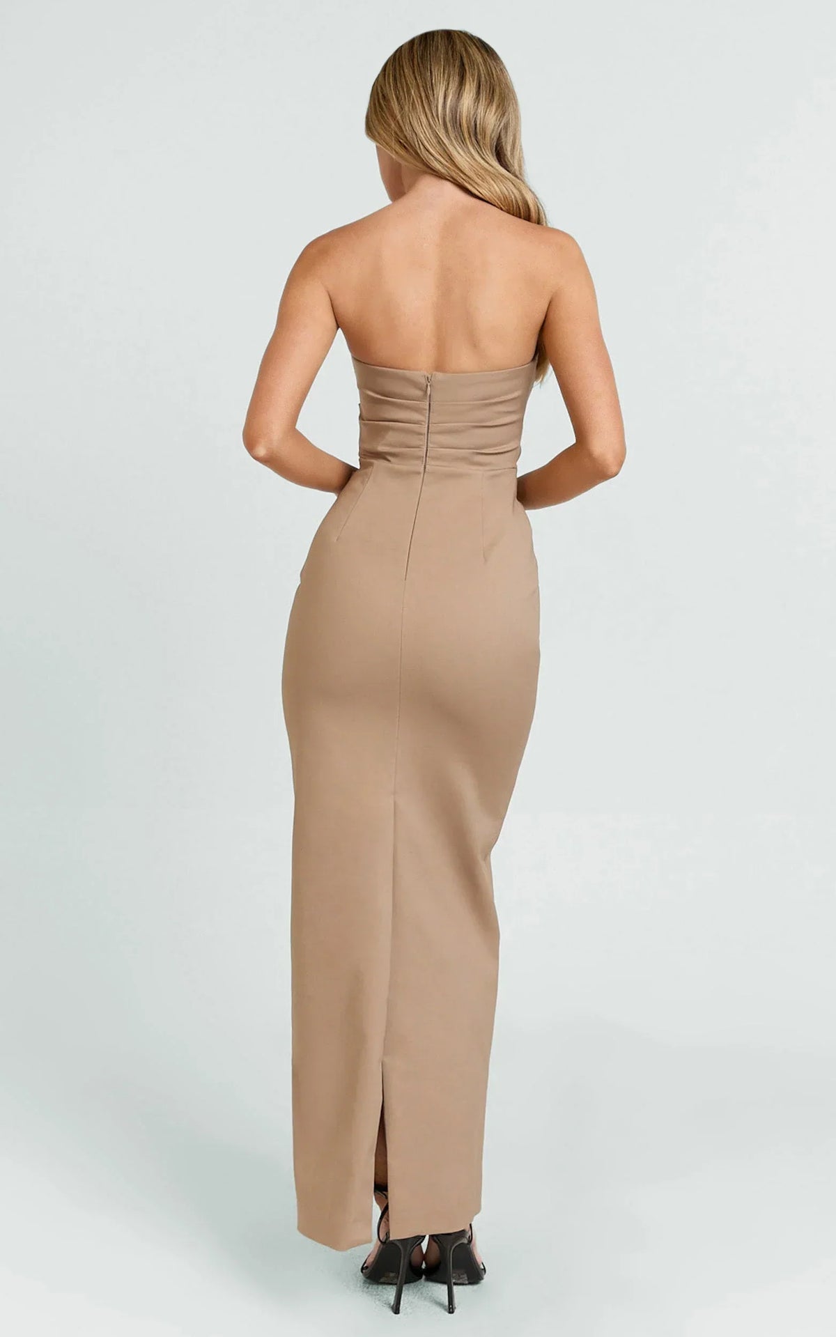 Jamie Midi Dress - Strapless Ruched Fitted Column Dress in Mocha