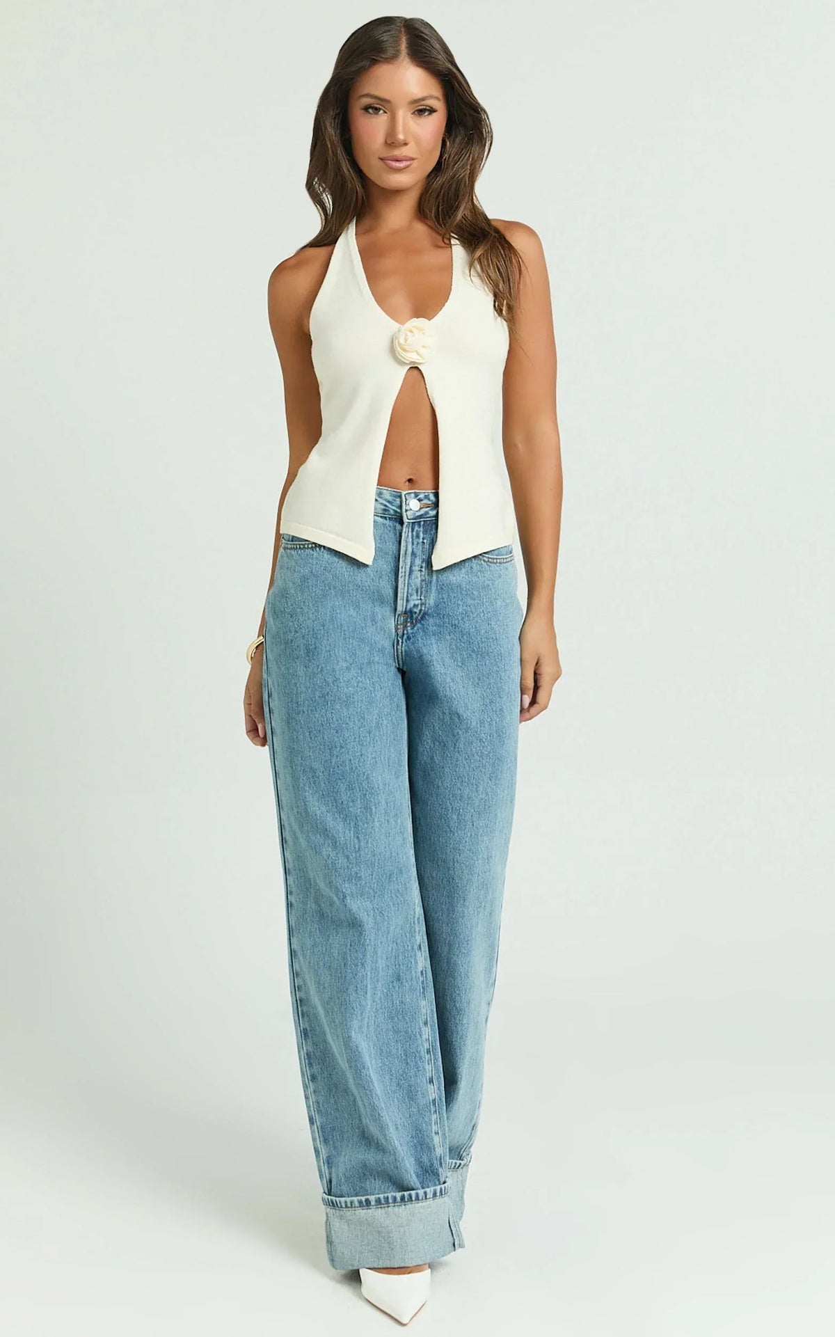 Arwyne Jeans - Mid Rise Baggy Deep Turnup Recycled Denim Jeans in Light Blue Wash