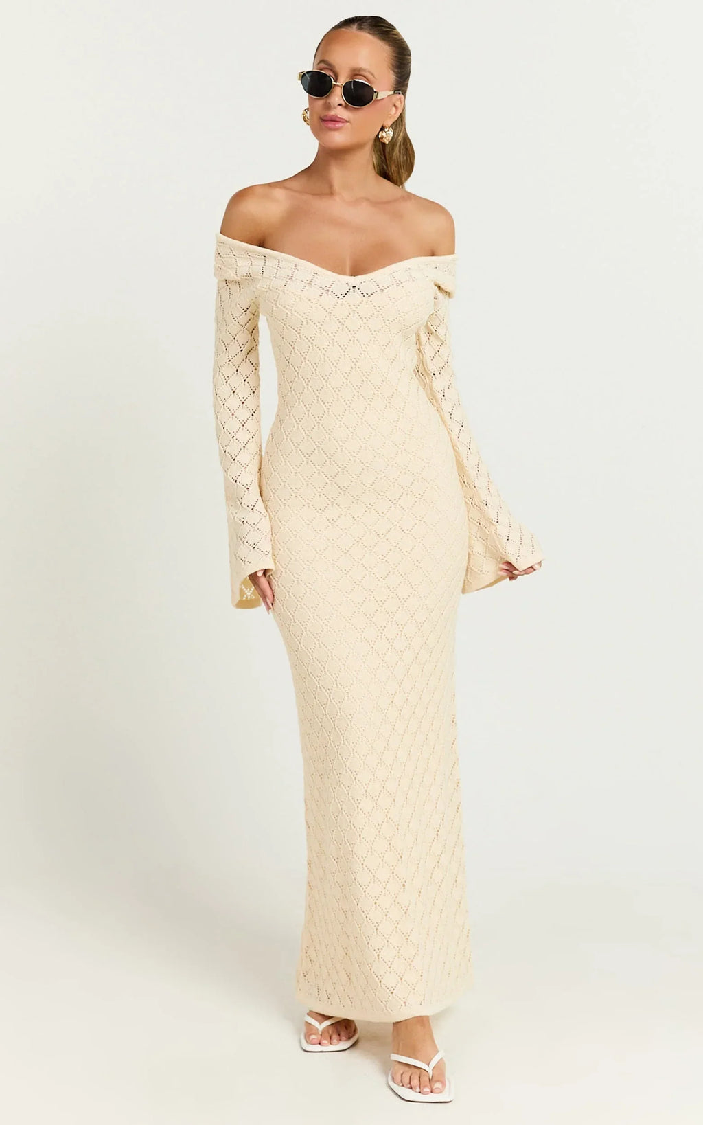 Halsey Maxi Dress - Crochet Scoop Neck Flare Sleeve Dress in Off White