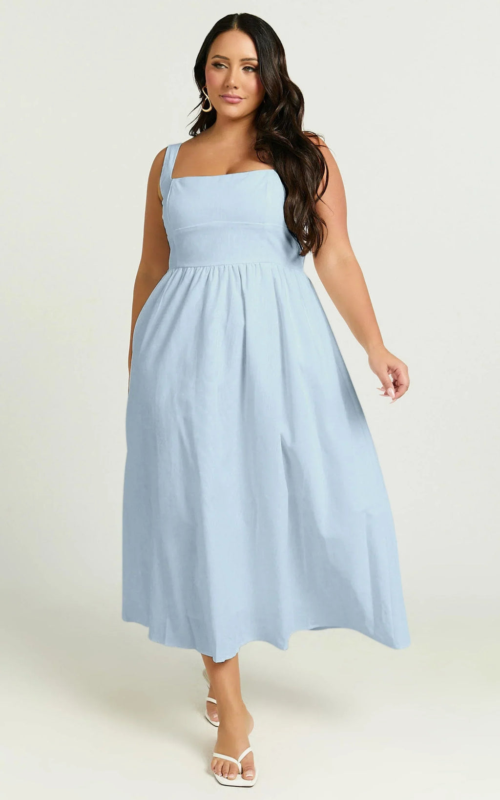 Khari Midi Dress - Linen Look Square A Line Dress in Blue