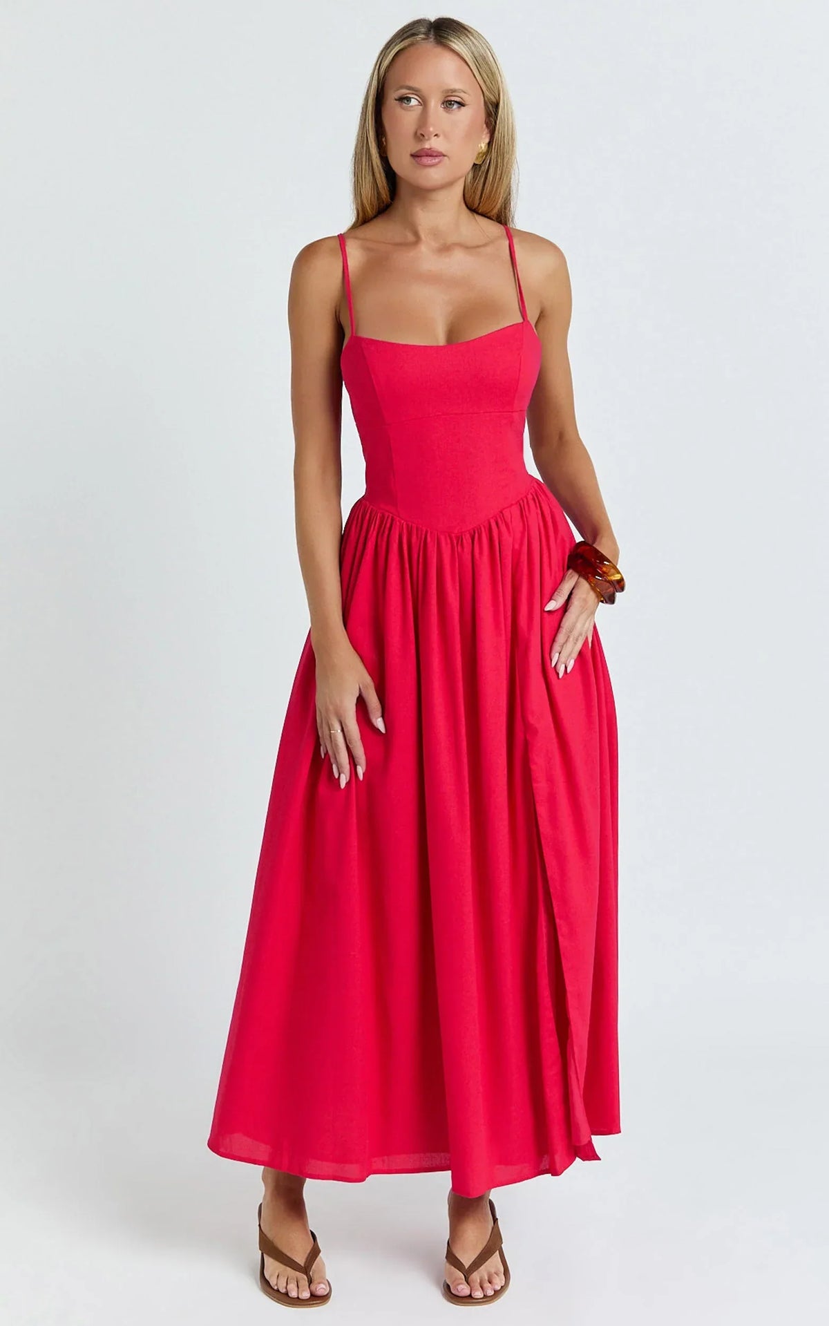 Morris Midi Dress - Linen Scoop Neck Gathered Dress in Red