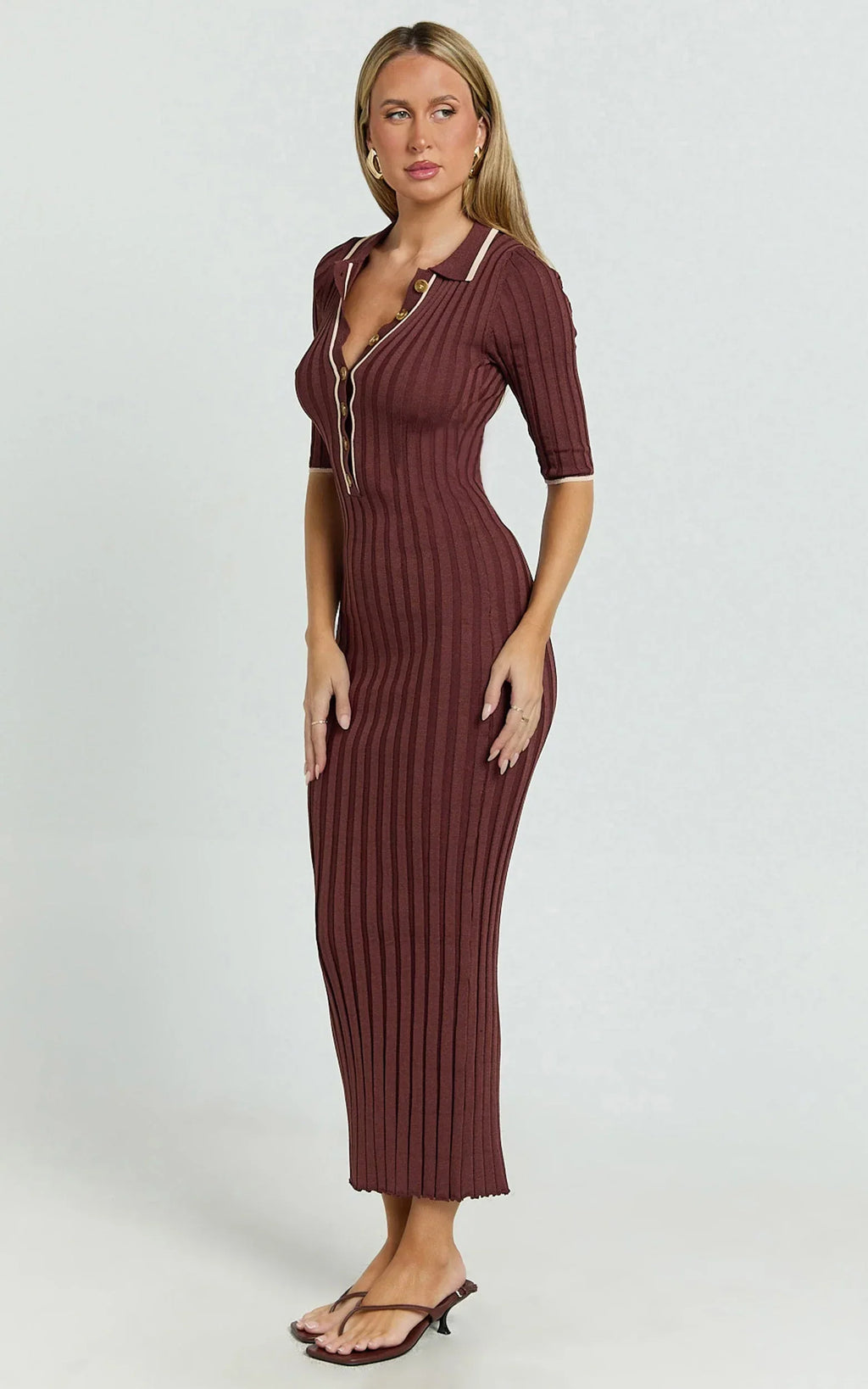 Lada Midi Dress - Short Sleeve Button Front Knit Dress in Chocolate