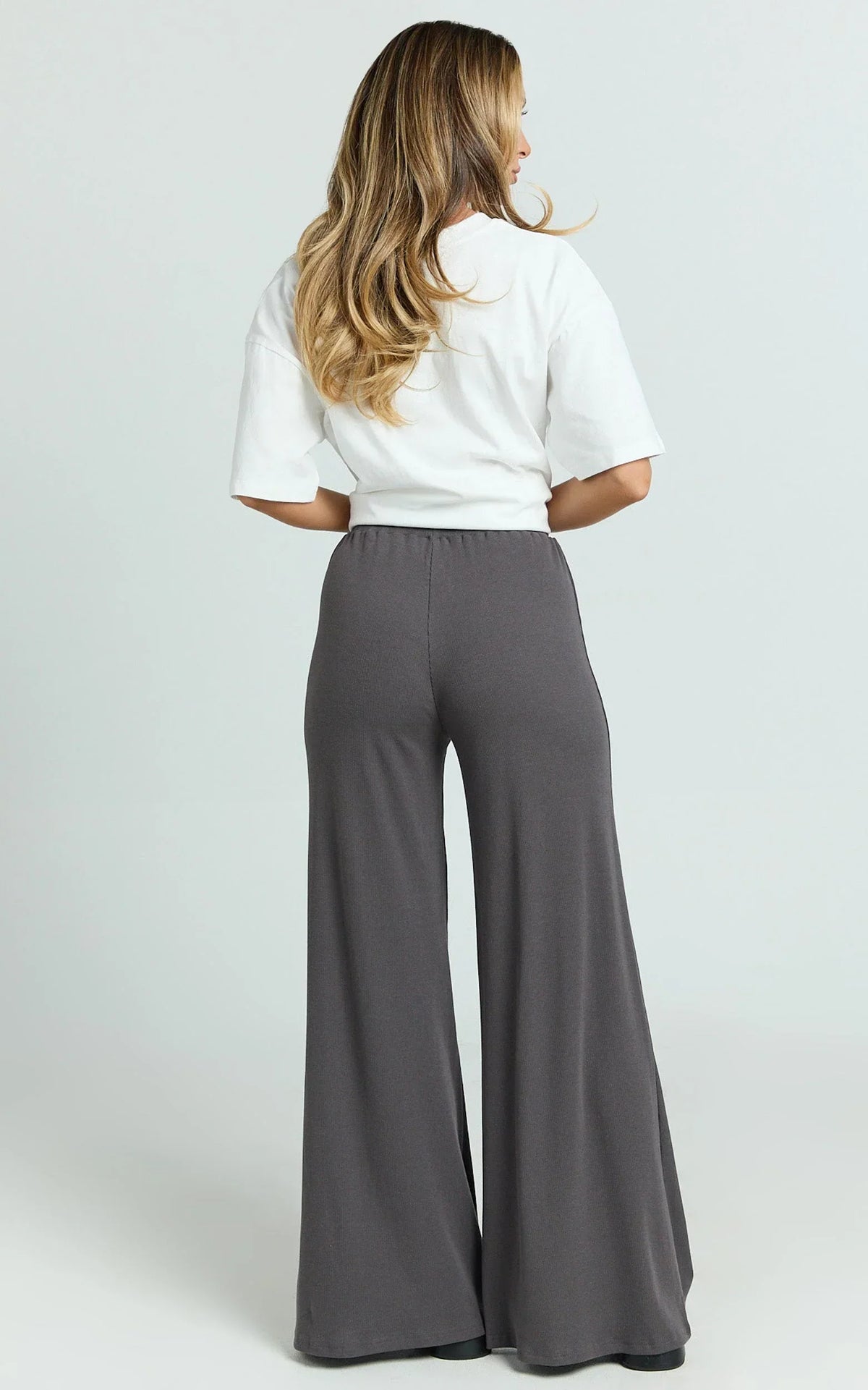 Amalthea Pants - High Waisted Jersey Rib Wide Leg Pants in Charcoal