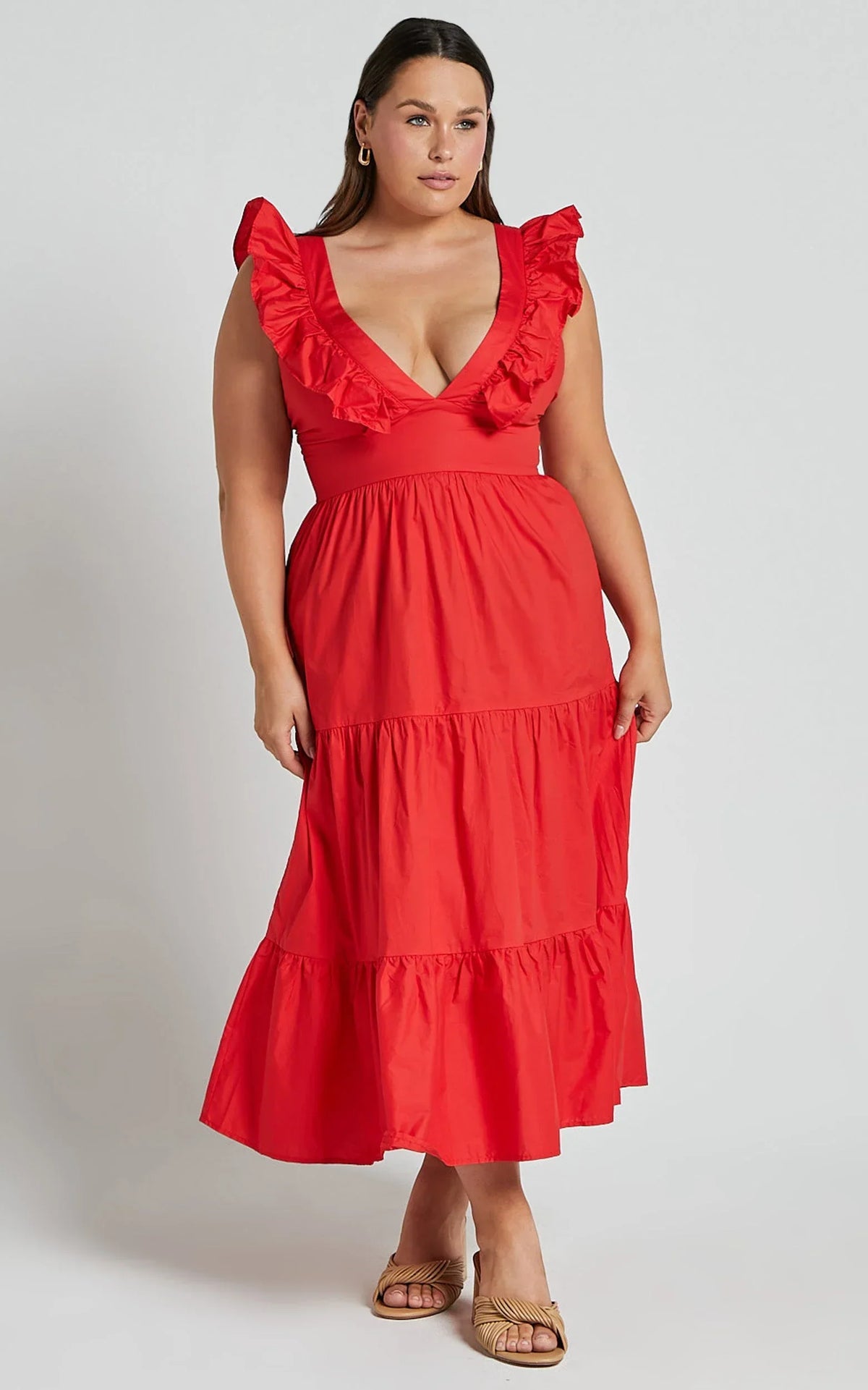 Levona Midi Dress - Ruffle Shoulder Tiered Dress in Cherry Tomato