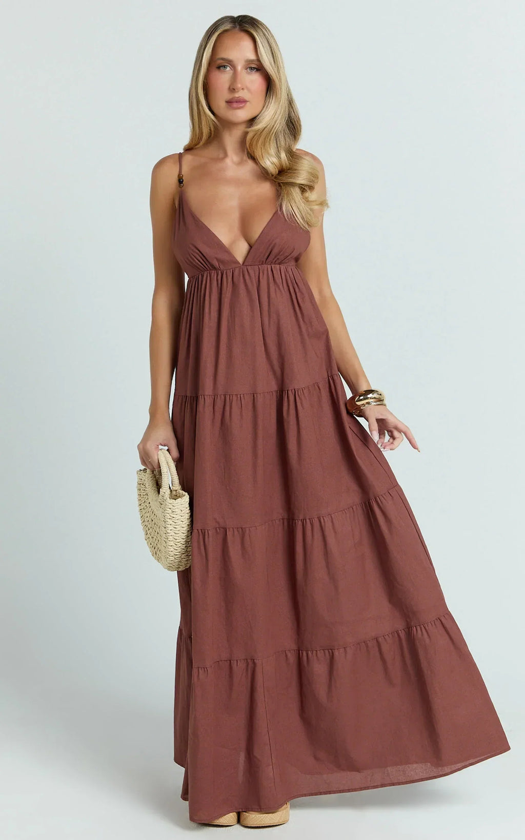 Eugene Maxi Dress - Beaded Strap Tiered Maxi Dress in Brown