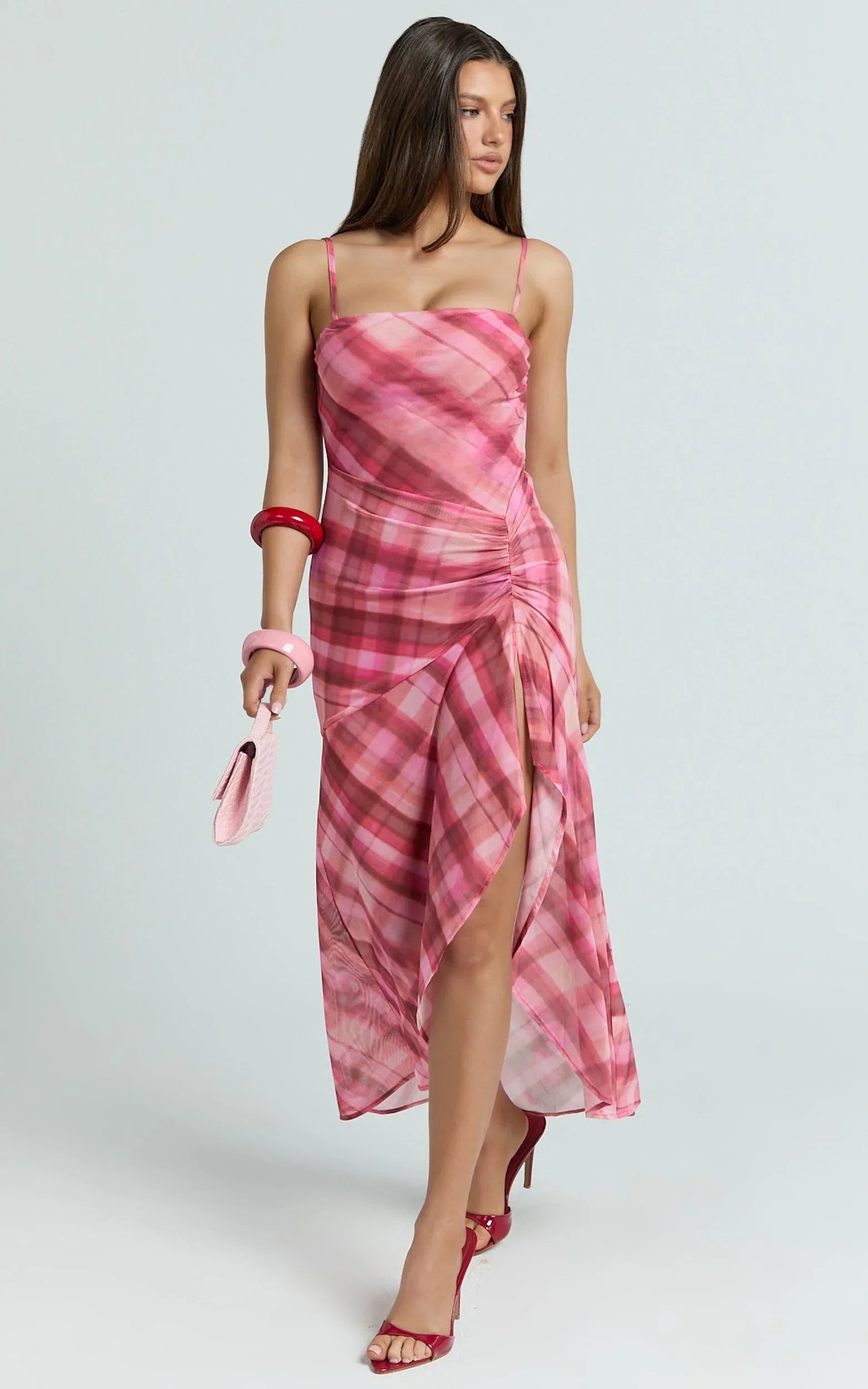 Pascal Midi Dress - Mesh Spaghetti Strap Split Dress in Cherry Check Print