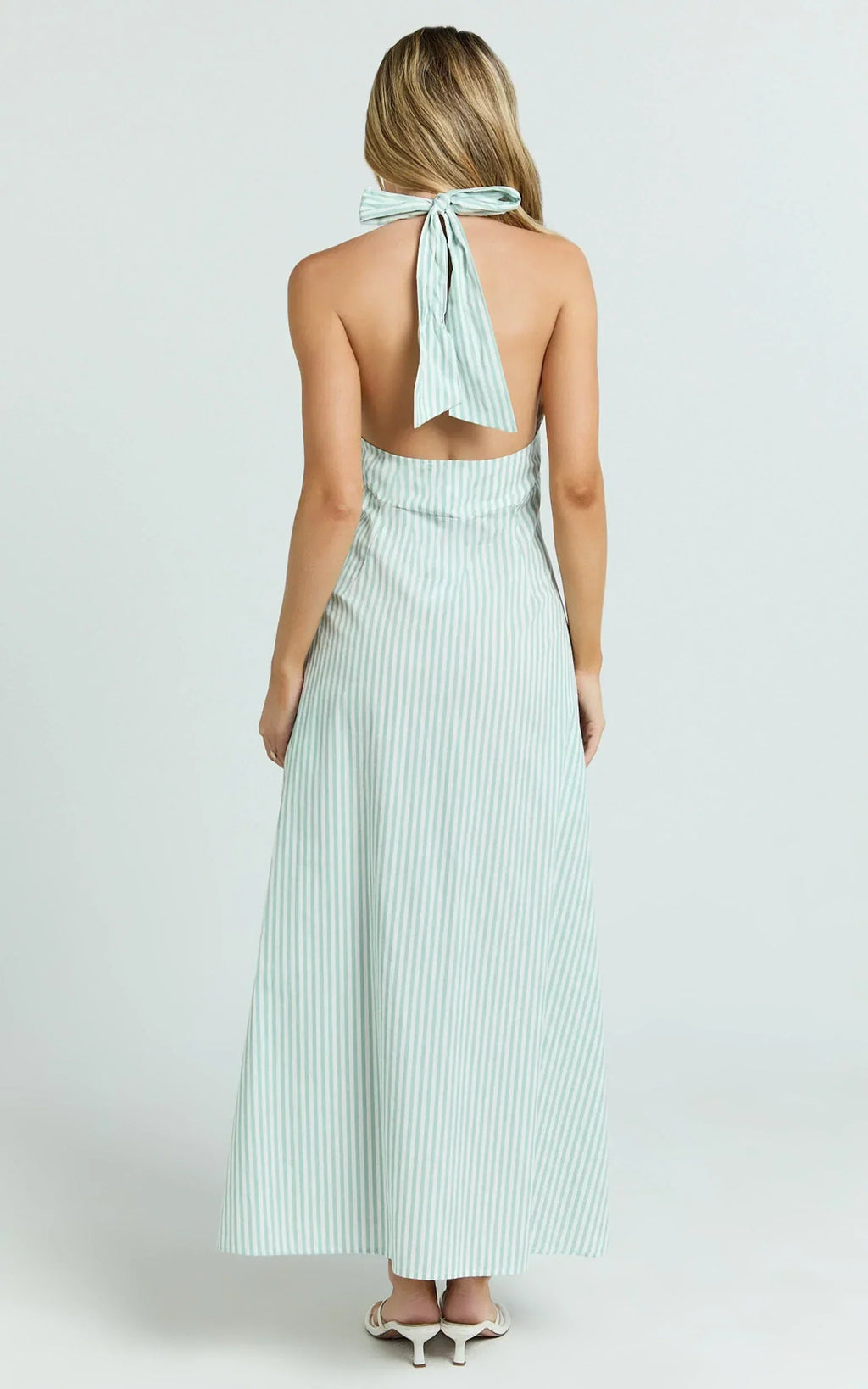 Jeienn Midi Dress - Line Placket Front Skirt Dress in Mint Stripe