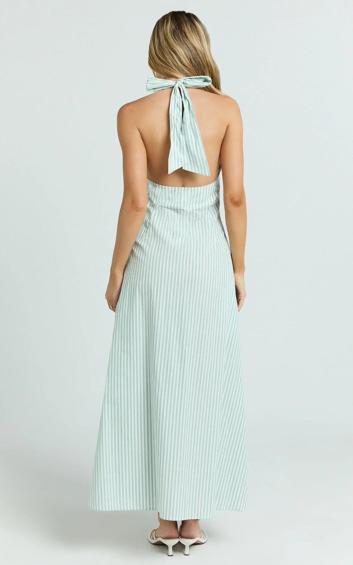 Jeienn Midi Dress - Line Placket Front Skirt Dress in Mint Stripe