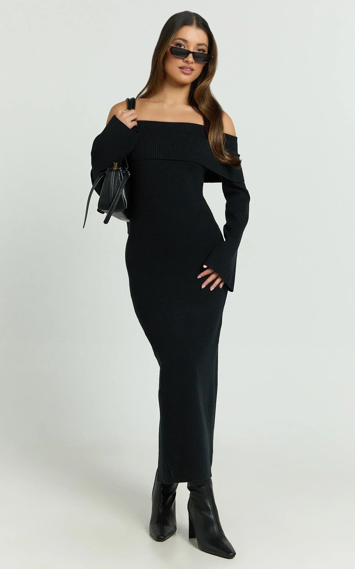 Maisie Midi Dress - Off Shoulder Long Sleeve Fitted Column Knit Dress in Black