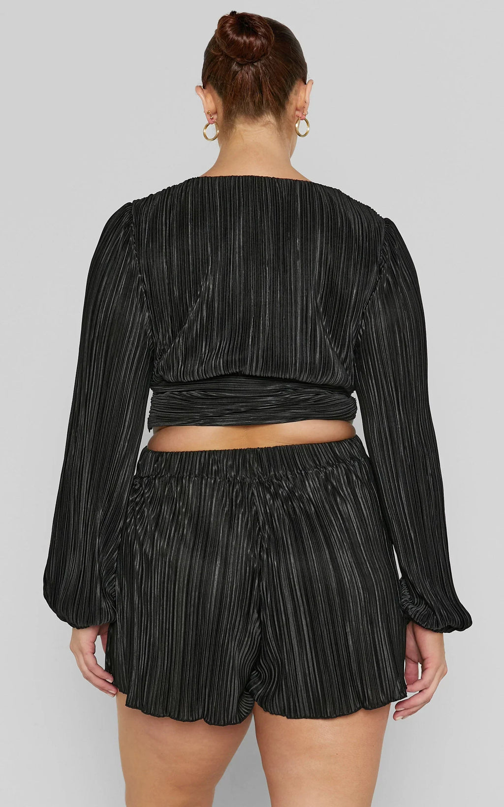 Jondra Blouse - Ruched Front Long Sleeve Plisse Blouse in Black