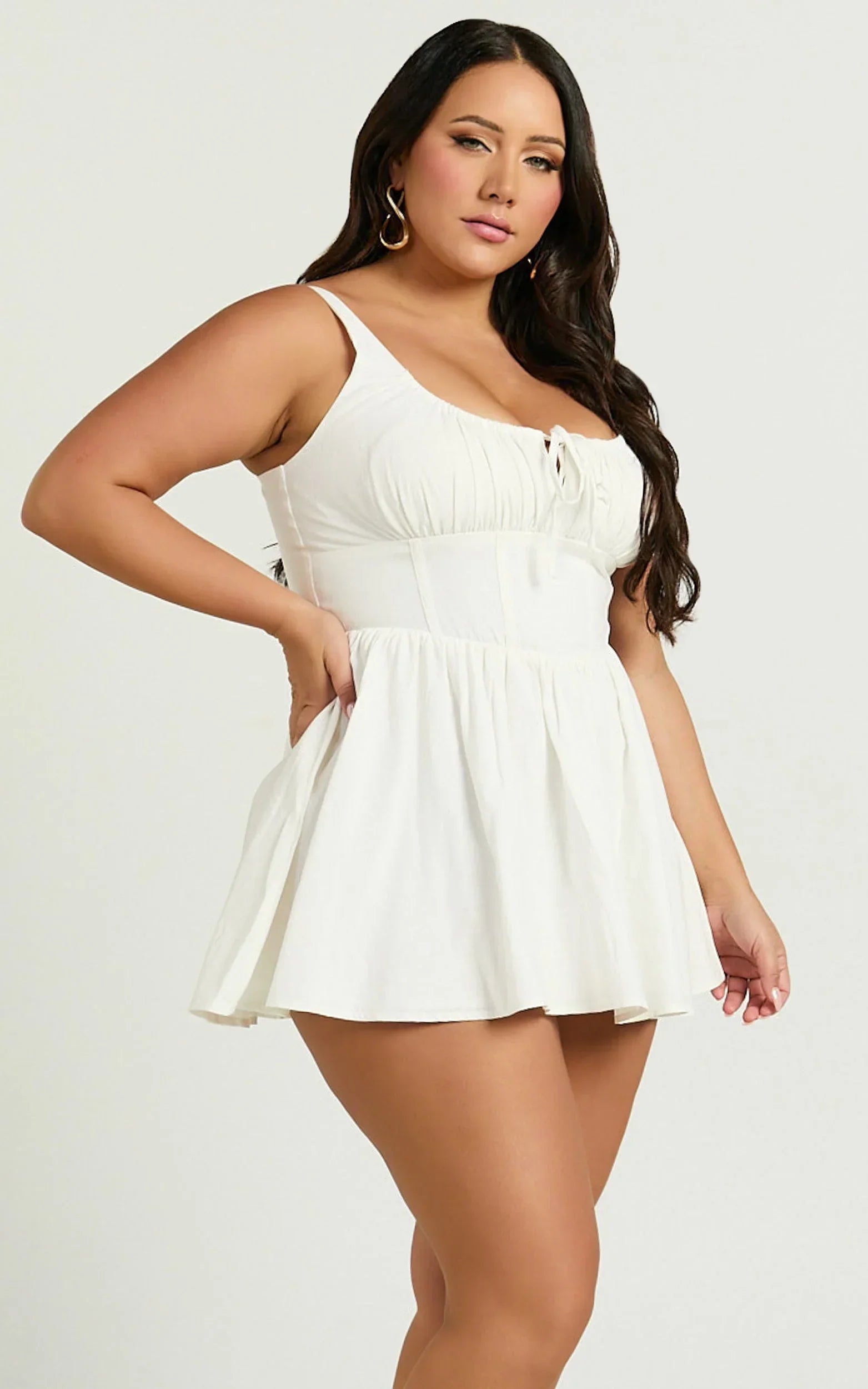 Keegan Mini Dress - Ruched Bust Front Tie Gathered Skirt Dress in White