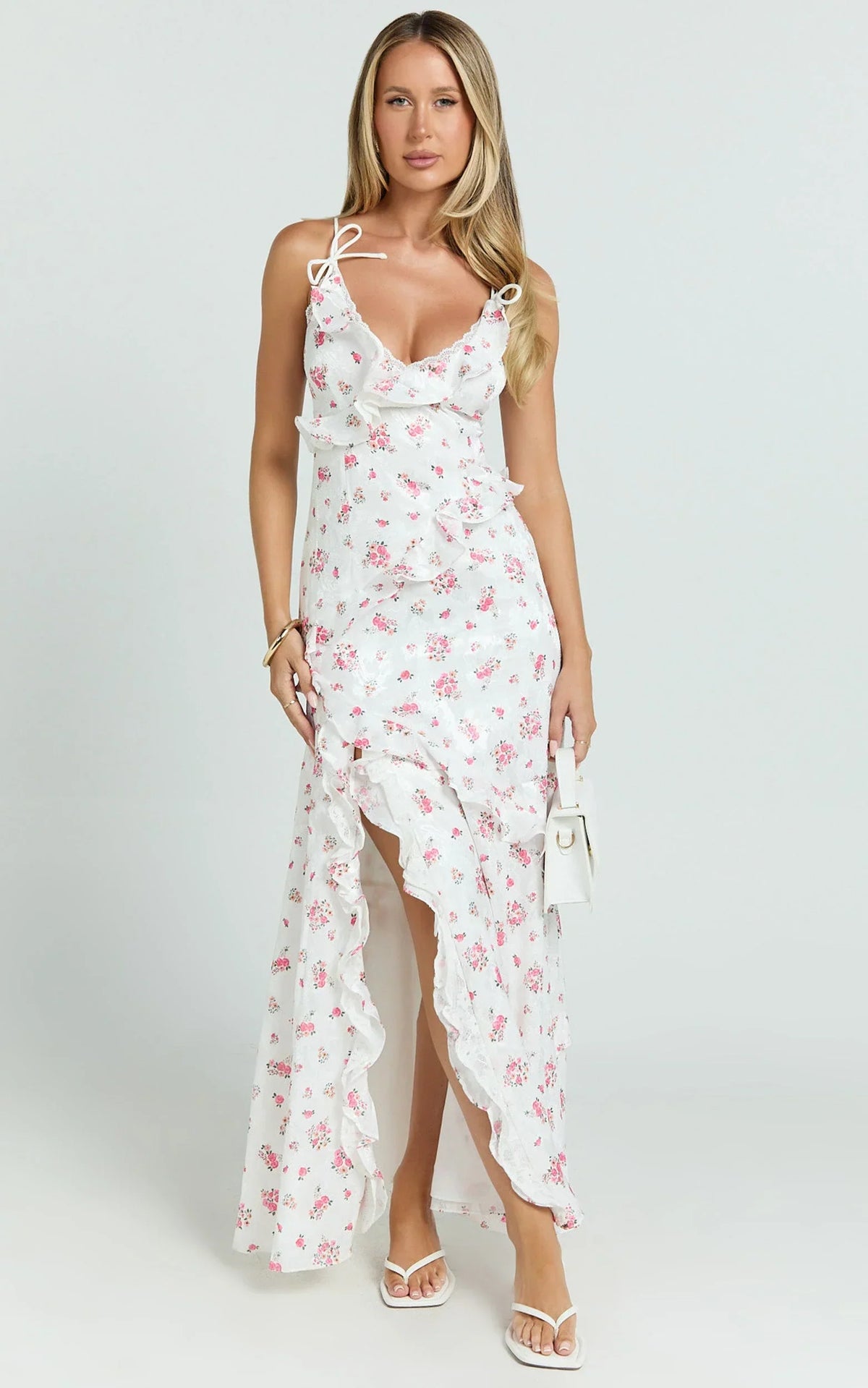 Justine Maxi Dress - Jacquard V Neck Ruffle Tiered  Dress in Romantic Ditsy Print