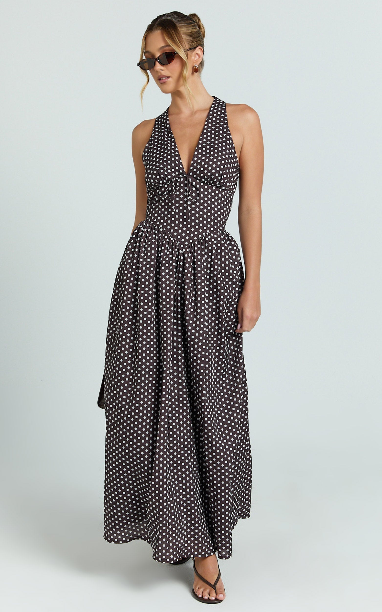 Abby Midi Dress - Sleeveless V-Neckline Dress in Chocolate Polkadot