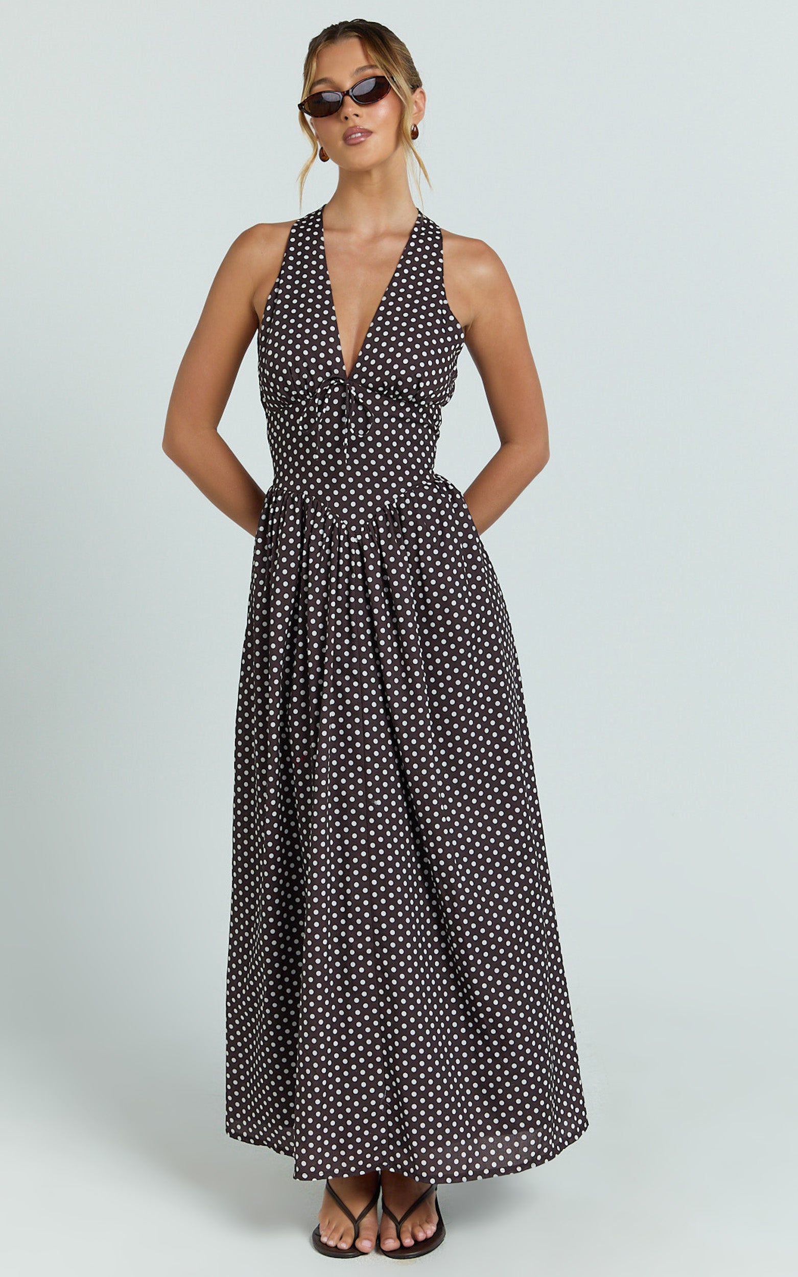 Abby Midi Dress - Sleeveless V-Neckline Dress in Chocolate Polkadot