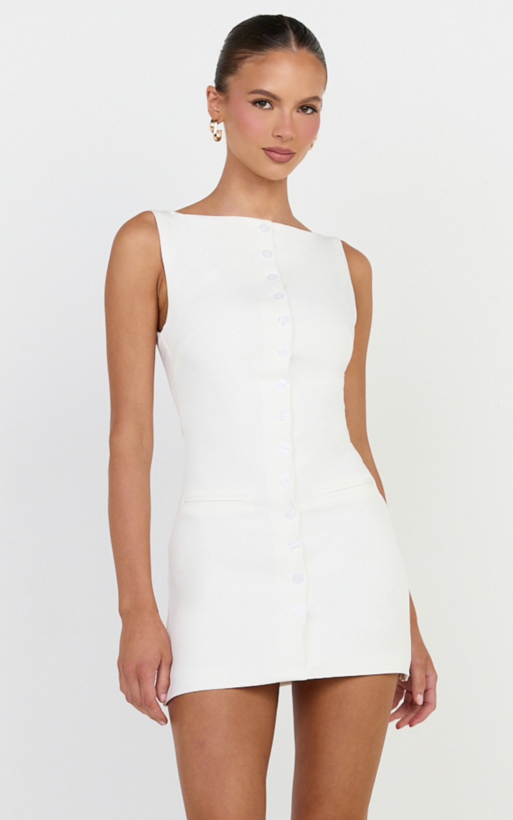 Adela Mini Dress - Mock Button Thru Boat Neck Dress in White