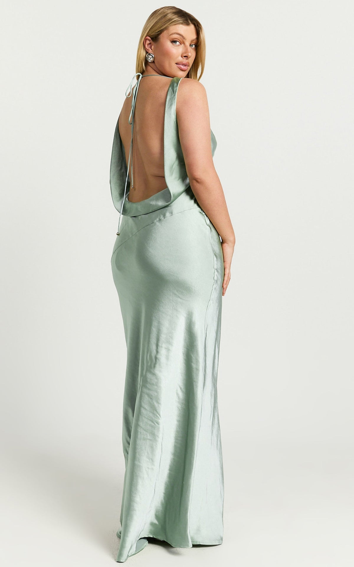Adilah Maxi Dress - Cowl Neck Satin Dress in Pistachio