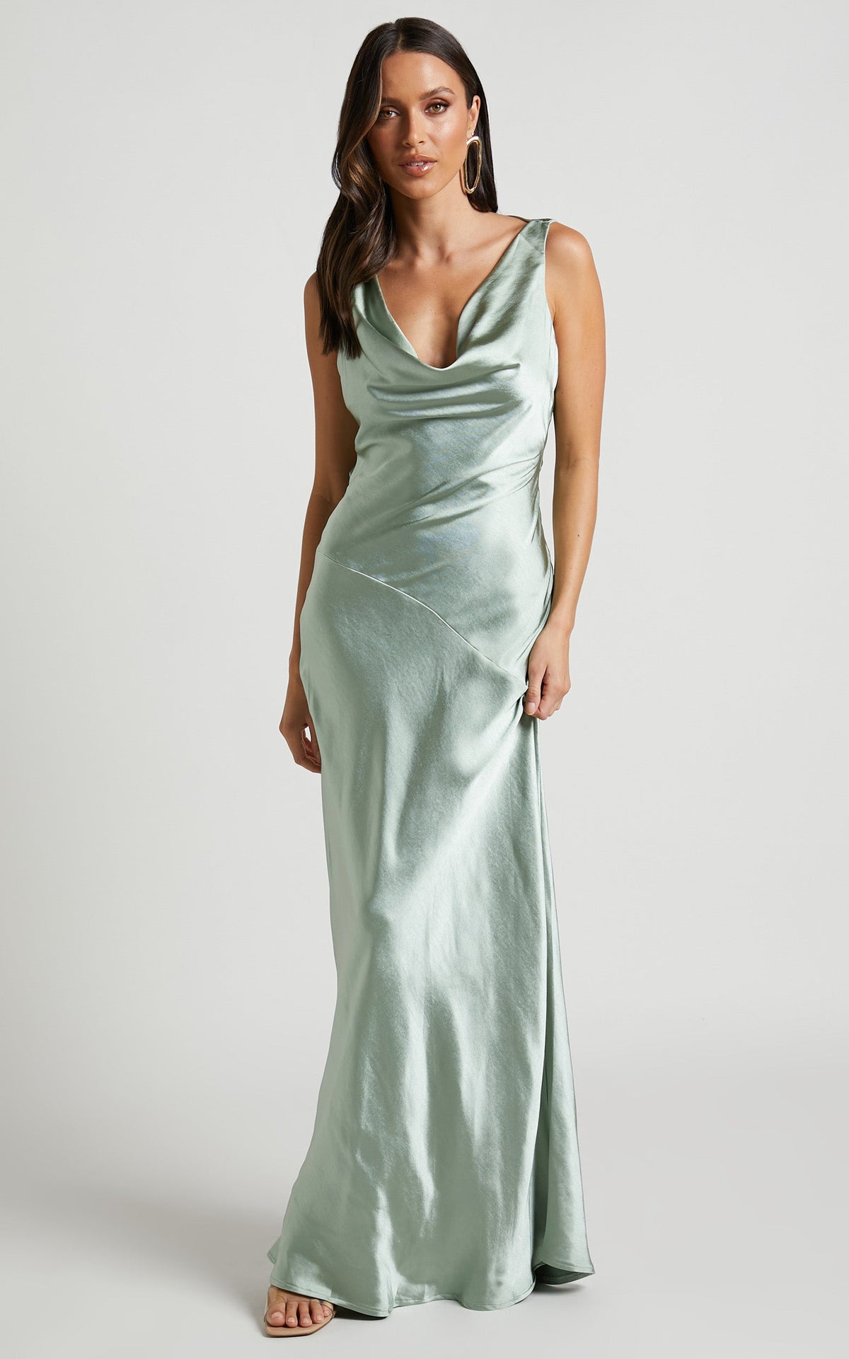 Adilah Maxi Dress - Cowl Neck Satin Dress in Pistachio