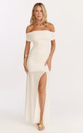 Alanna Maxi Dress - Off Shoulder Ruched Mesh Dress in Cream