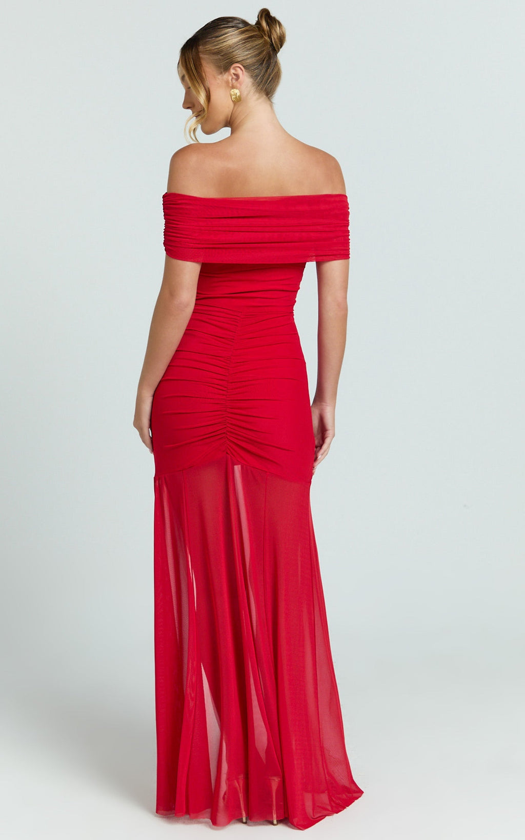 Alanna Maxi Dress - Off Shoulder Ruched Mesh Dress in Red