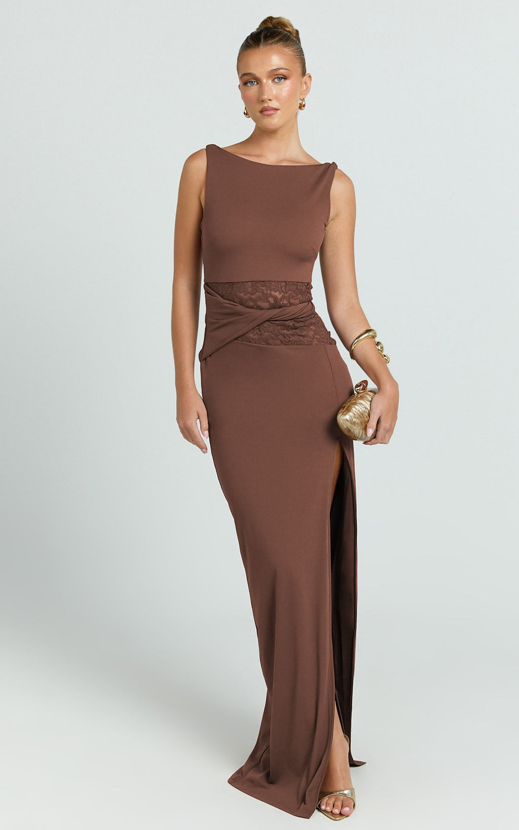 Alberta Maxi Dress - Spliced Sheer Lace Column Dress in Mocha