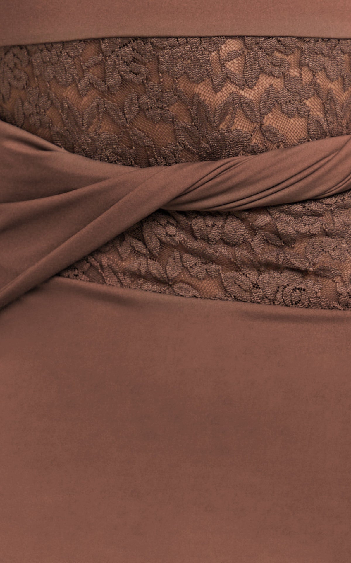 Alberta Maxi Dress - Spliced Sheer Lace Column Dress in Mocha
