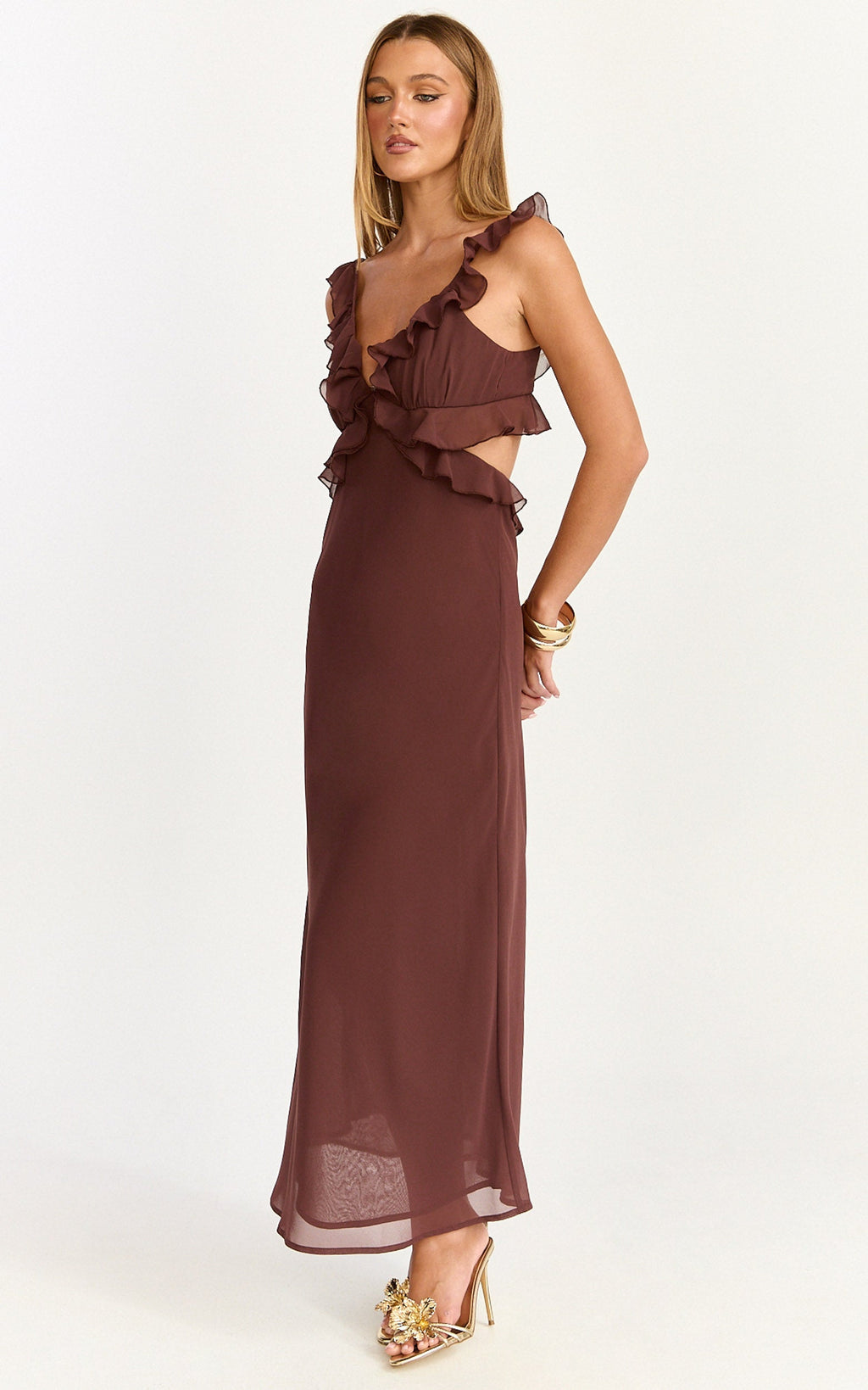 Alessa Midi Dress - V Neck Frill Detail Empire Waist Back Cut Out Dress in Brown