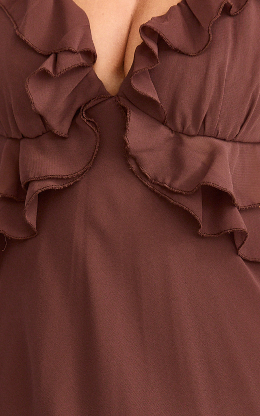 Alessa Midi Dress - V Neck Frill Detail Empire Waist Back Cut Out Dress in Brown