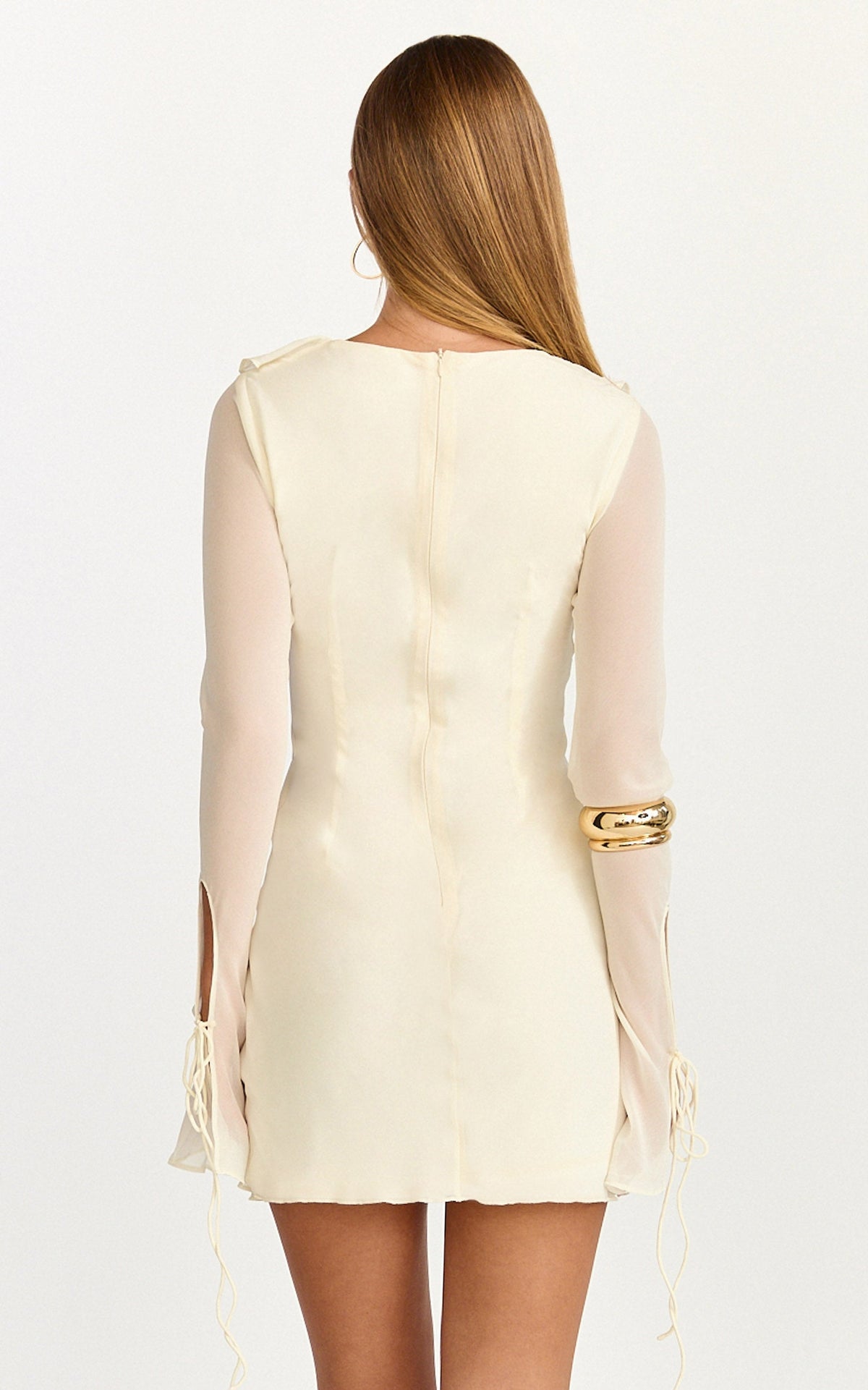 Alesya Mini Dress - Ruffle Plunge Neck Long Sleeve Tie Detail Dress in Cream