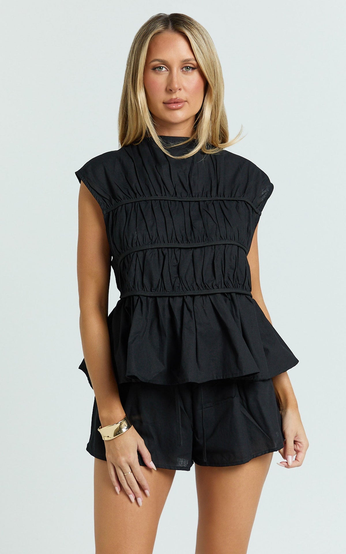 Alina Two Piece Set - Ruched Detail Top and Short Pants Set in Black